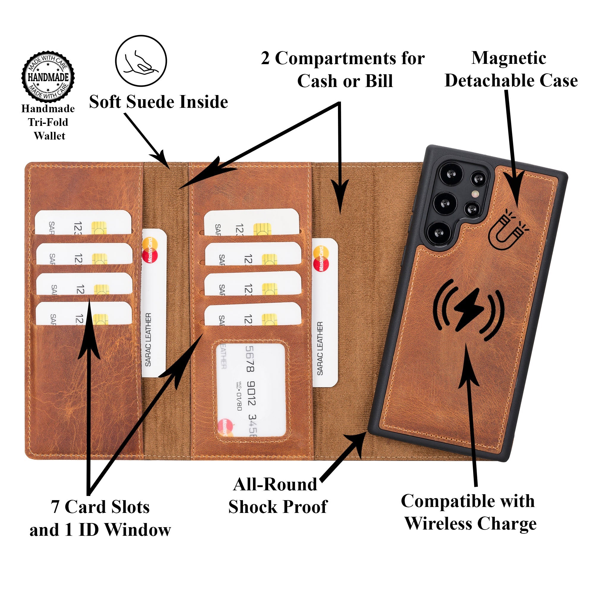 Santa Magnetic Detachable Leather Wallet Case for Samsung Galaxy S24 Ultra (6.8") - TAN