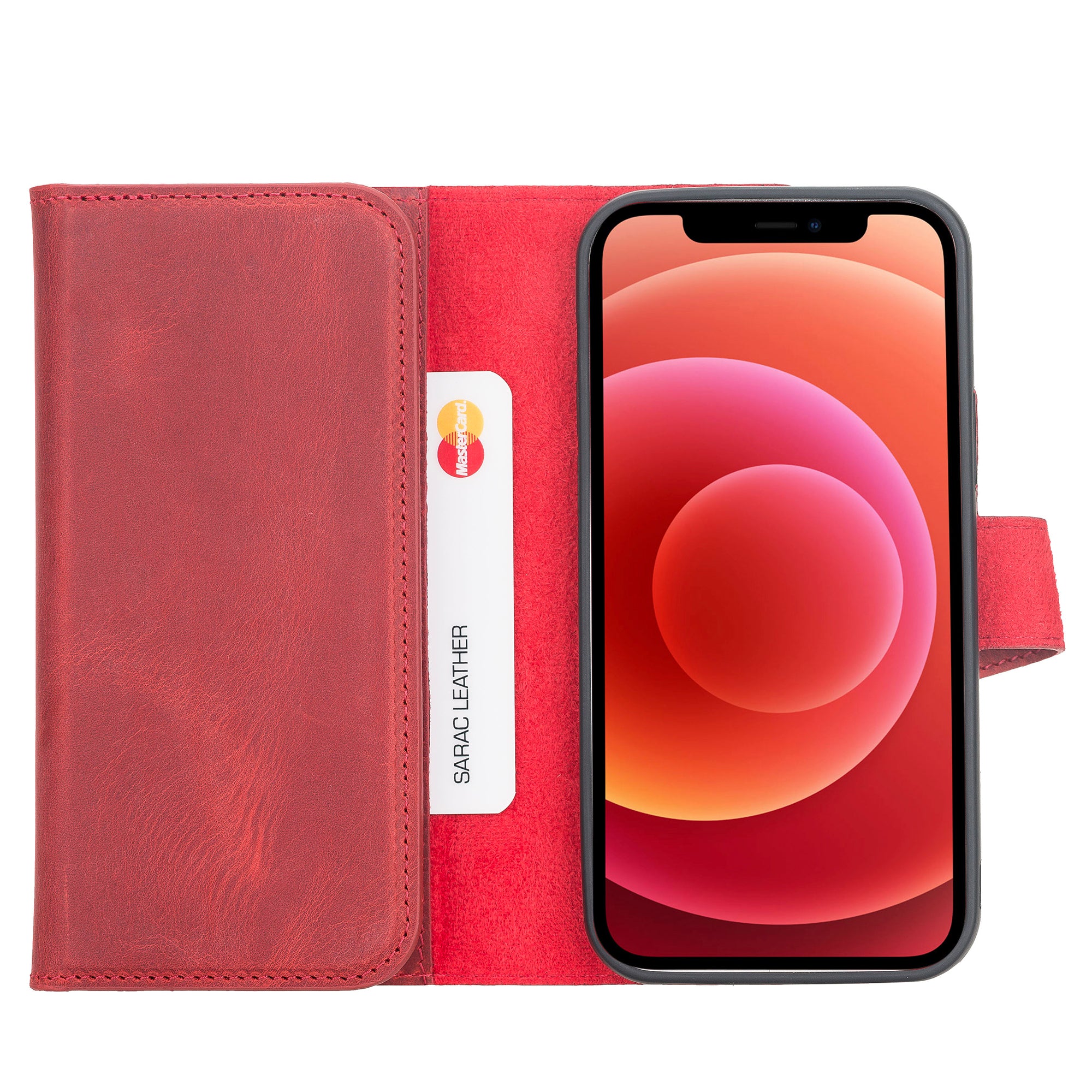 Santa Magnetic Detachable Leather Wallet Case for iPhone 12 Pro (6.1") - RED - saracleather