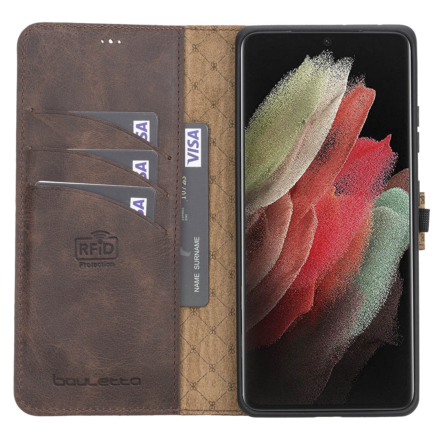 Magic Magnetic Detachable Leather Wallet Case with RFID for Samsung Galaxy S21 Ultra 5G (6.8") - BROWN - saracleather