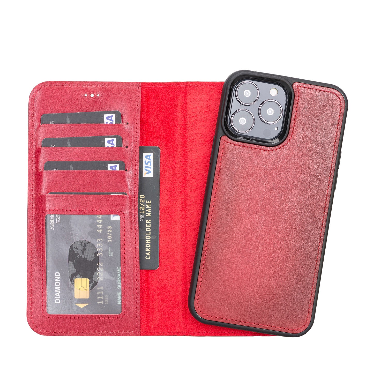 Magic Magnetic Detachable Leather Wallet Case with RFID for iPhone 13 Pro Max (6.7") - RED