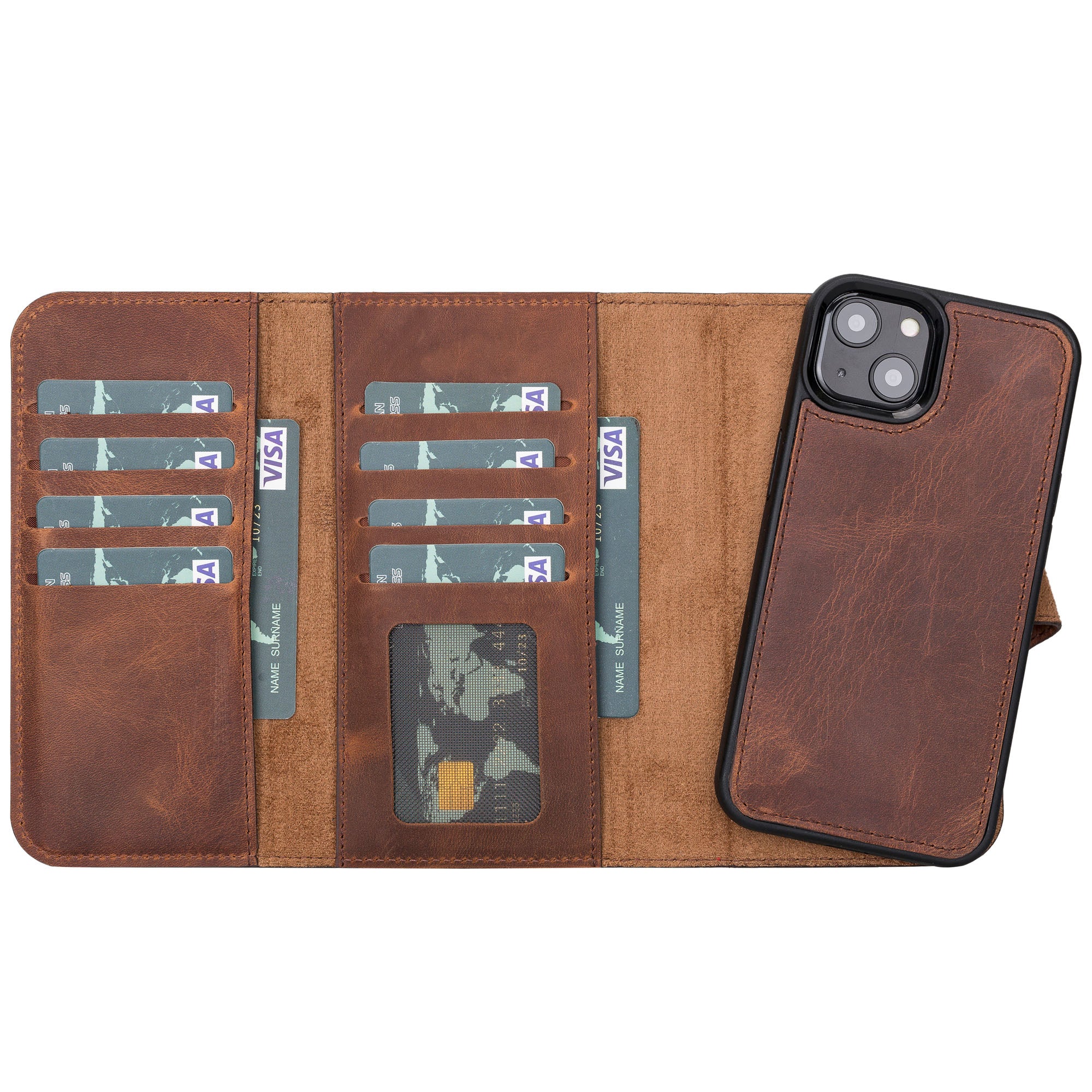 Santa Magnetic Detachable Leather Wallet Case for iPhone 13 (6.1") - BROWN - saracleather