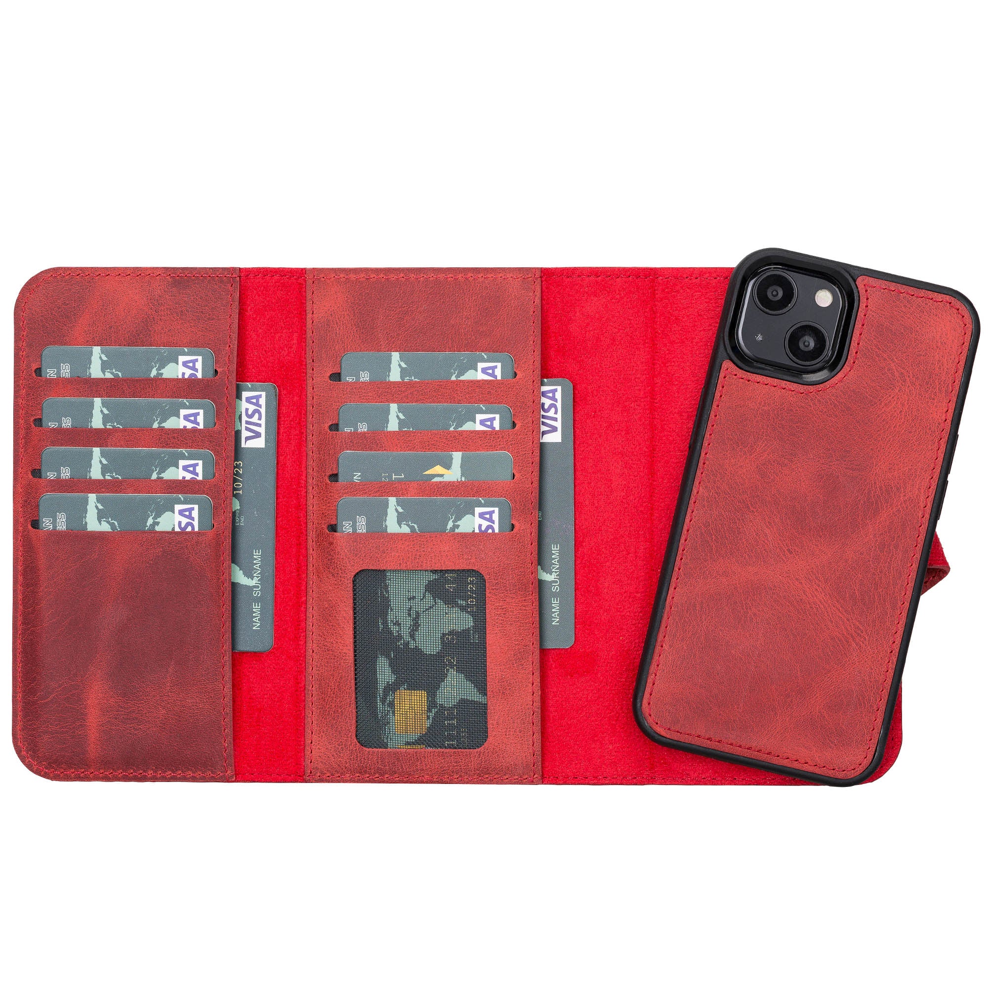 Santa Magnetic Detachable Leather Wallet Case for iPhone 13 (6.1") - RED - saracleather