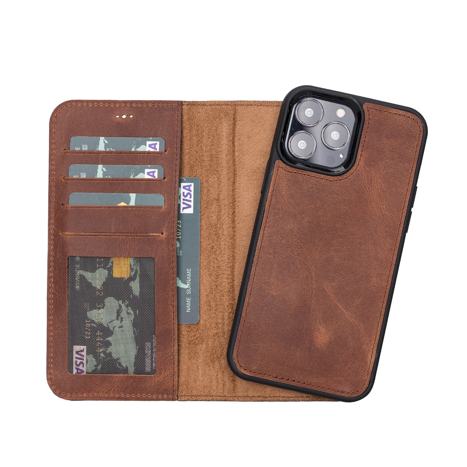 Liluri Magnetic Detachable Leather Wallet Case for iPhone 13 Pro Max (6.7") - BROWN - saracleather