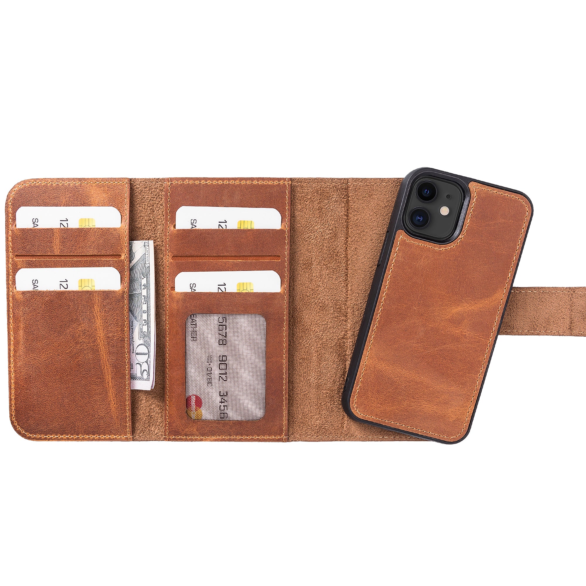 Santa Magnetic Detachable Leather Wallet Case for iPhone 12 Mini (5.4") - TAN - saracleather