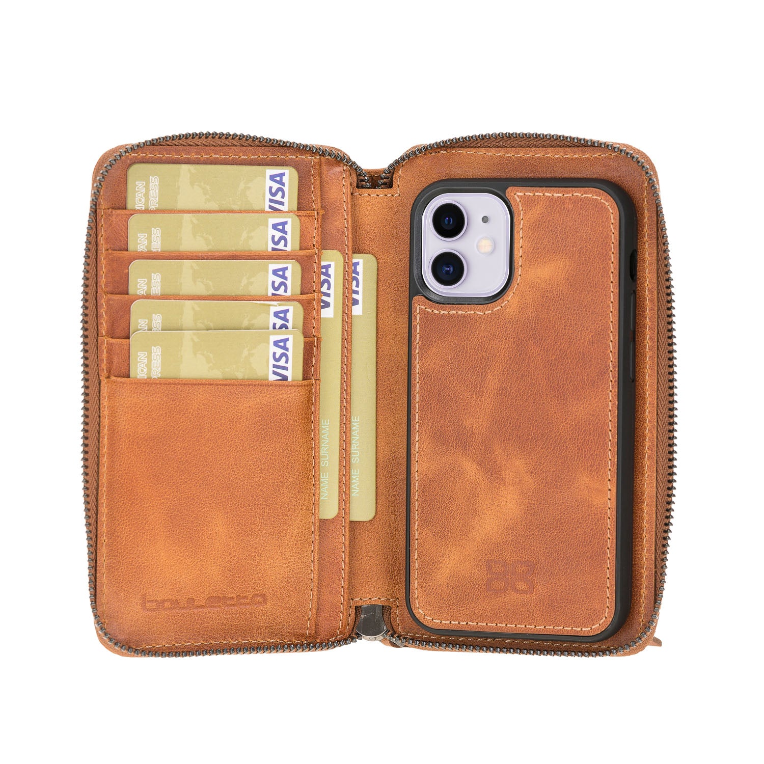 Pouch Magnetic Detachable Leather Wallet Case for iPhone 12 Mini (5.4") - TAN - saracleather