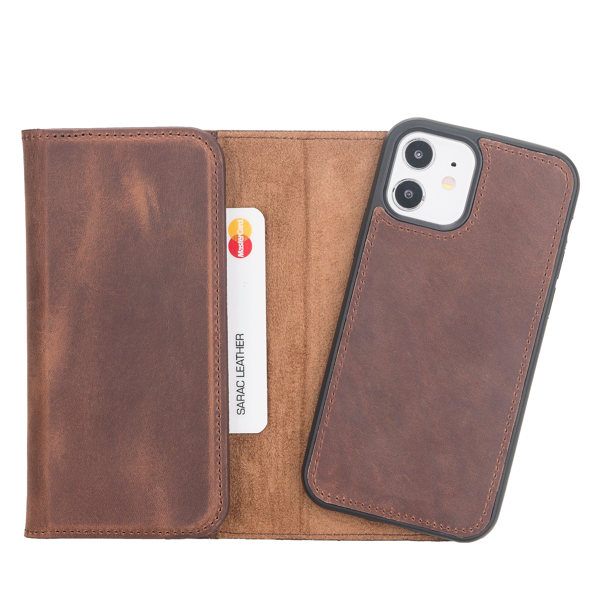 Santa Magnetic Detachable Leather Wallet Case for iPhone 12 Mini (5.4") - BROWN - saracleather