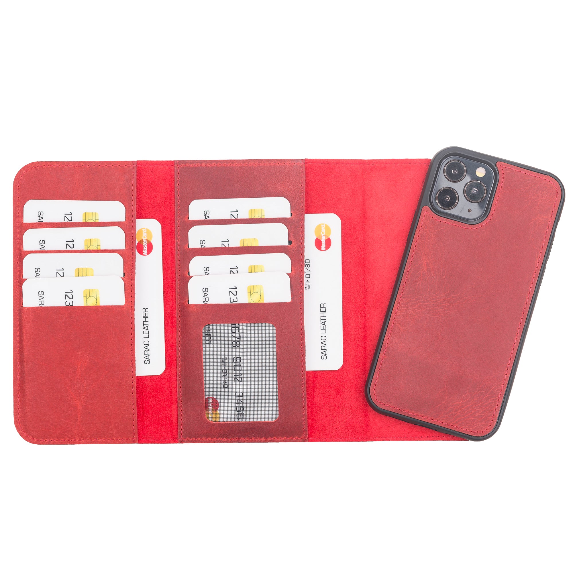 Santa Magnetic Detachable Leather Wallet Case for iPhone 12 Pro (6.1") - RED - saracleather