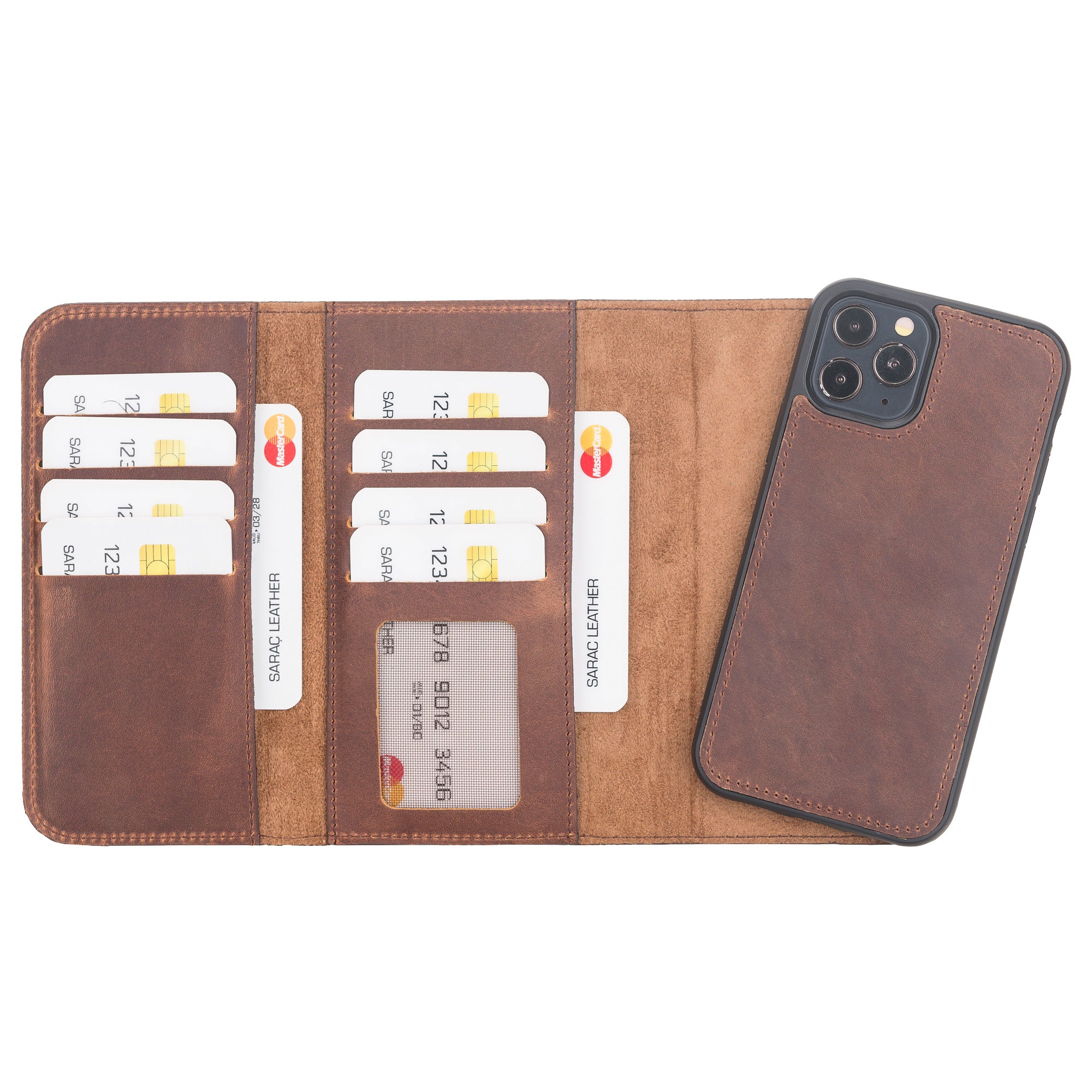 Santa Magnetic Detachable Leather Wallet Case for iPhone 12 Pro (6.1") - BROWN - saracleather