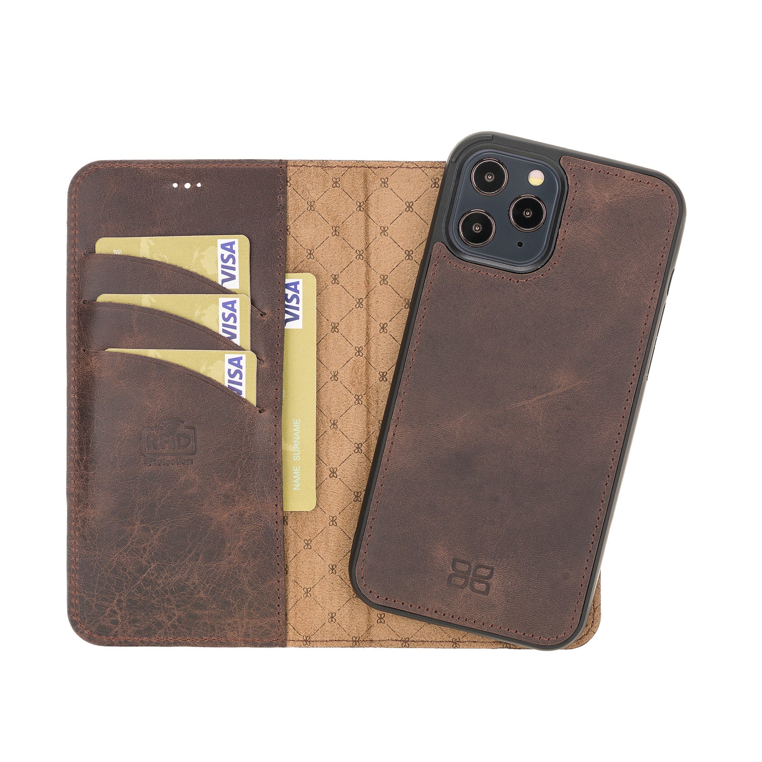 Magic Magnetic Detachable Leather Wallet Case with RFID for iPhone 12 Pro (6.1") - BROWN - saracleather