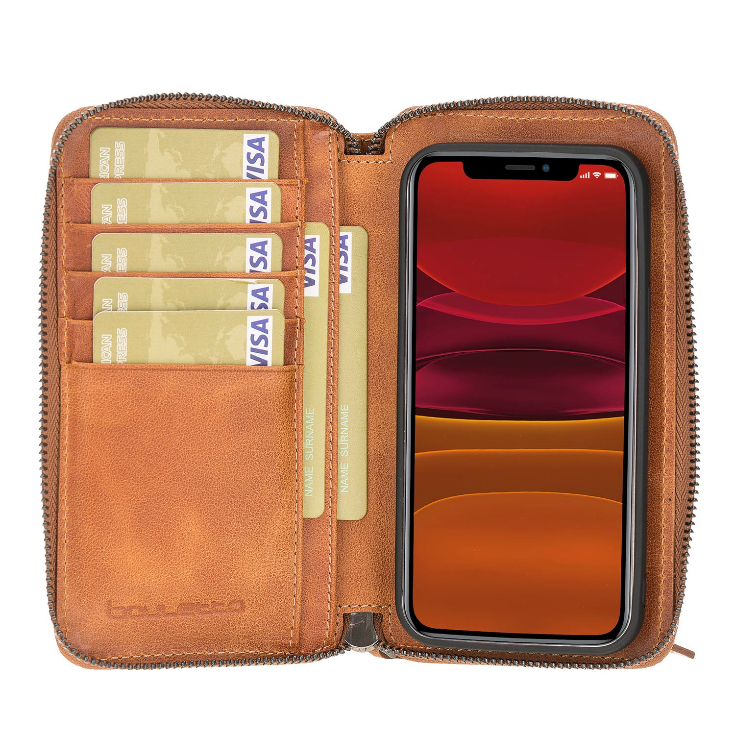 Pouch Magnetic Detachable Leather Wallet Case for iPhone 12 Mini (5.4") - TAN - saracleather