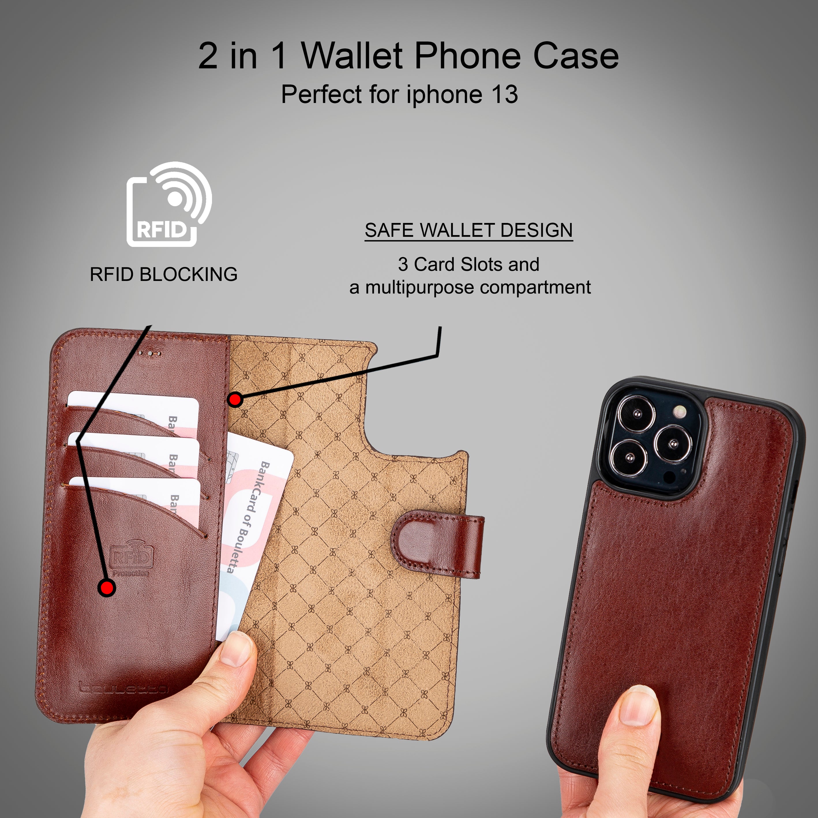 Magic iPhone 14 Series Detachable Darker Color Genuine Leather Wallet Case