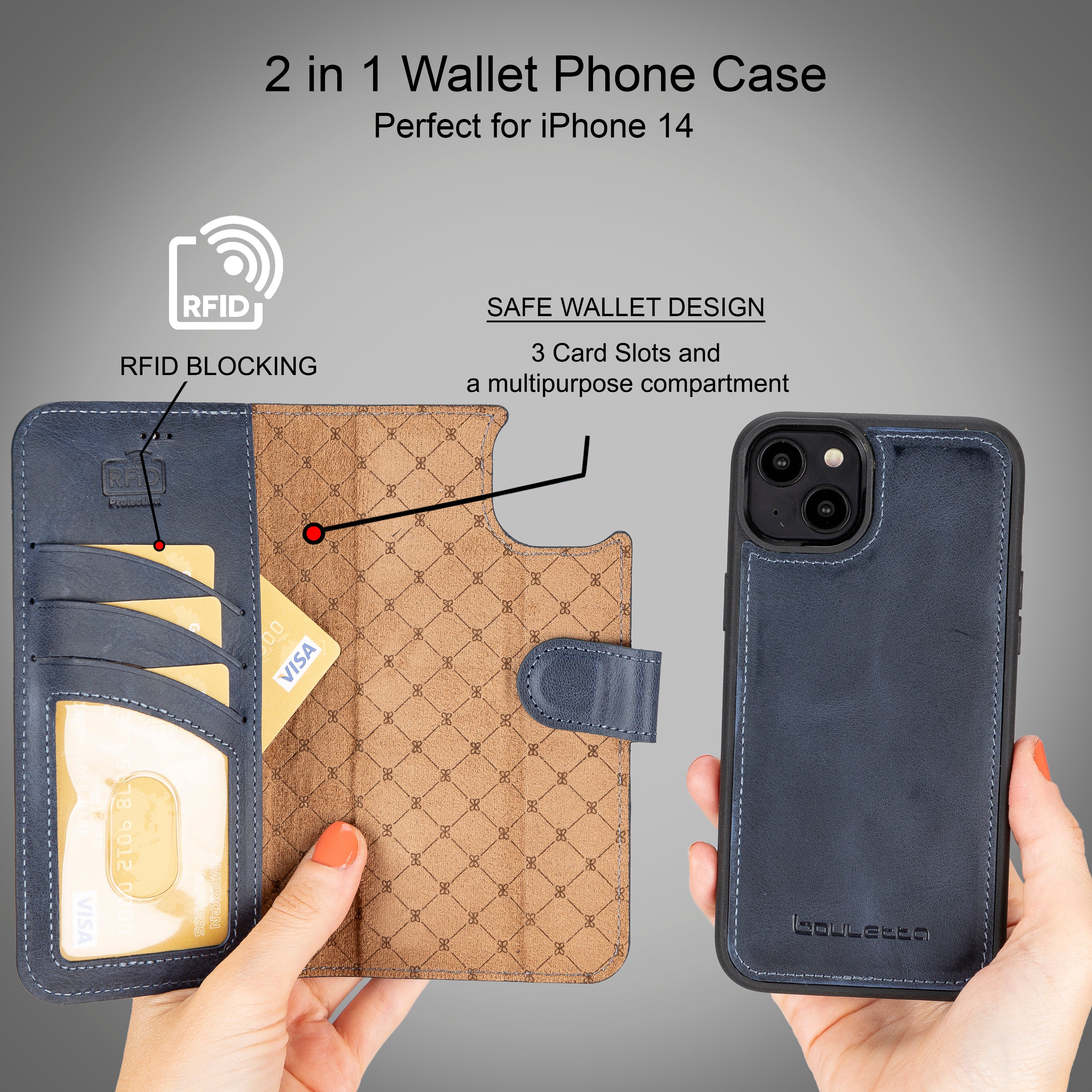 Magic iPhone 14 Series Detachable Darker Color Genuine Leather Wallet Case