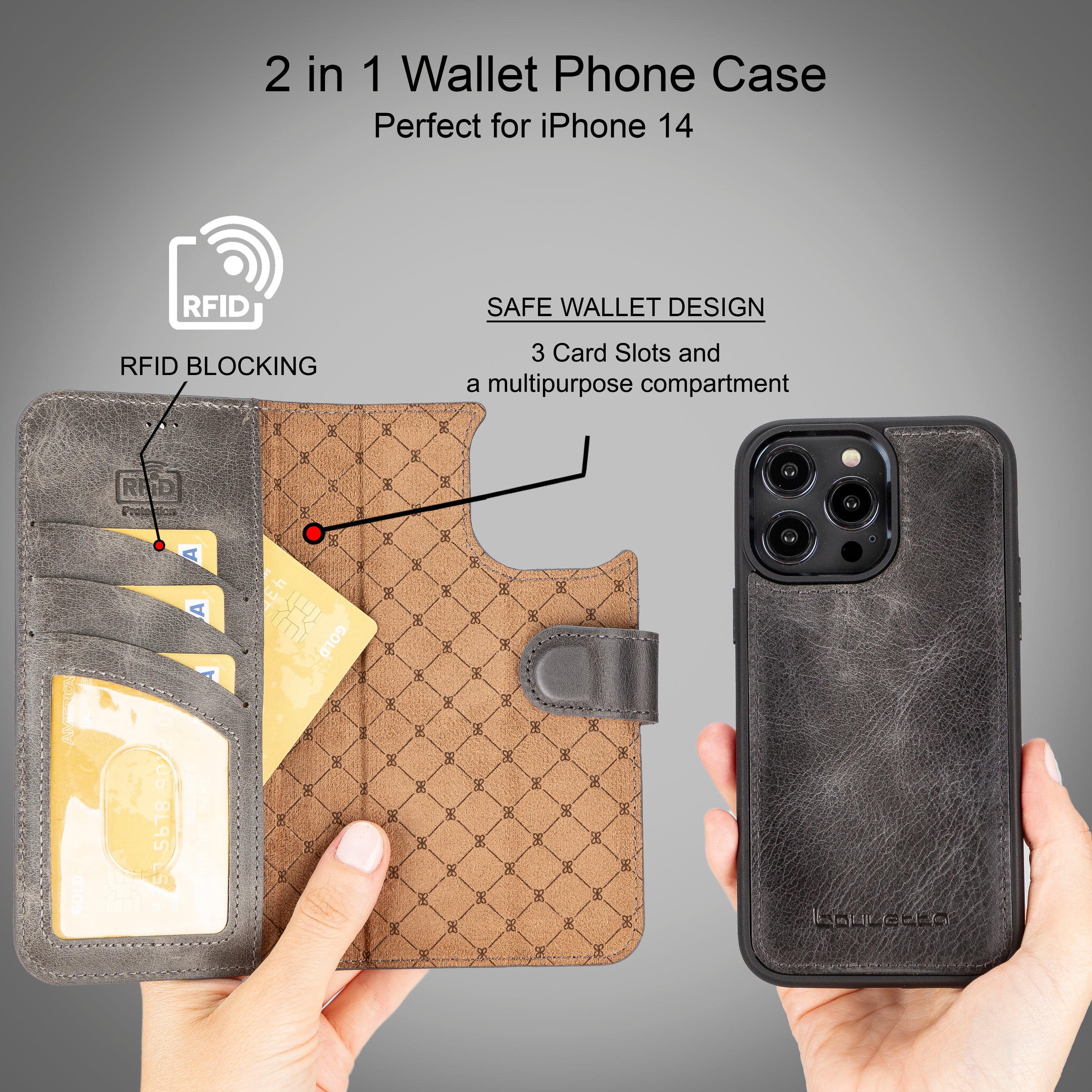 Magic iPhone 14 Series Detachable Darker Color Genuine Leather Wallet Case