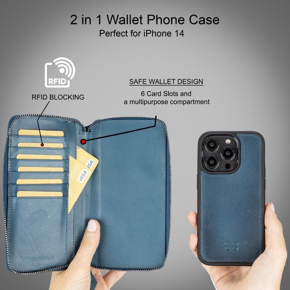 Pouch Magic Wallet iPhone 14 Series Detachable and Zipper Genuine Leather Wallet Case