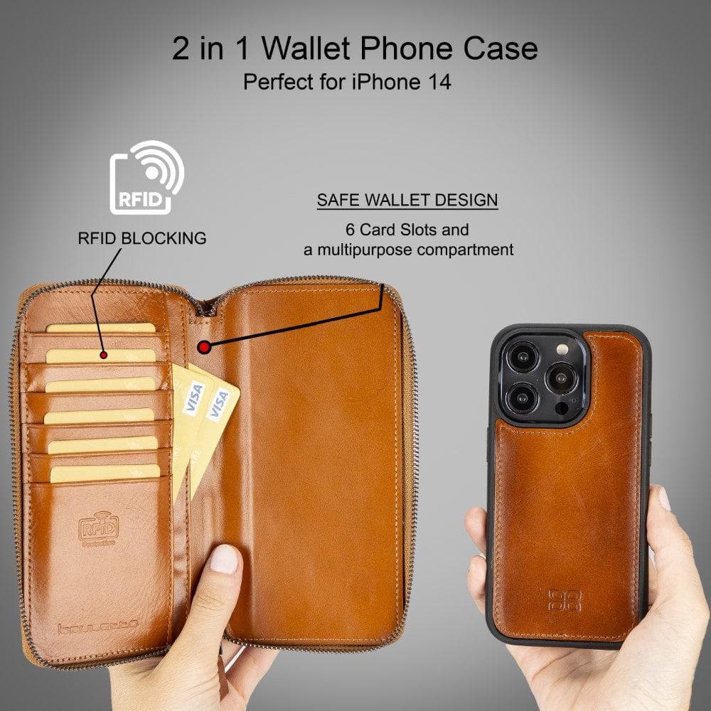 Pouch Magic Wallet iPhone 14 Series Detachable and Zipper Genuine Leather Wallet Case