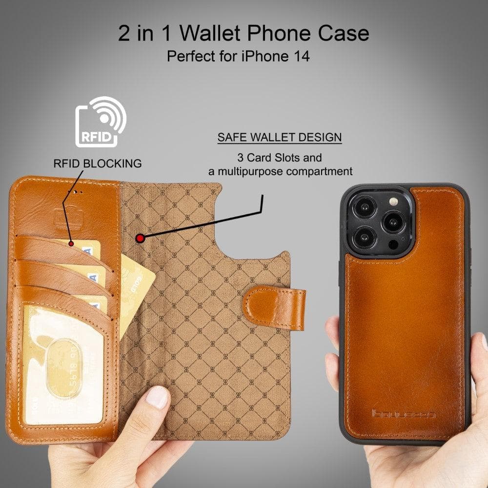 Magic iPhone 14 Series Detachable Darker Color Genuine Leather Wallet Case