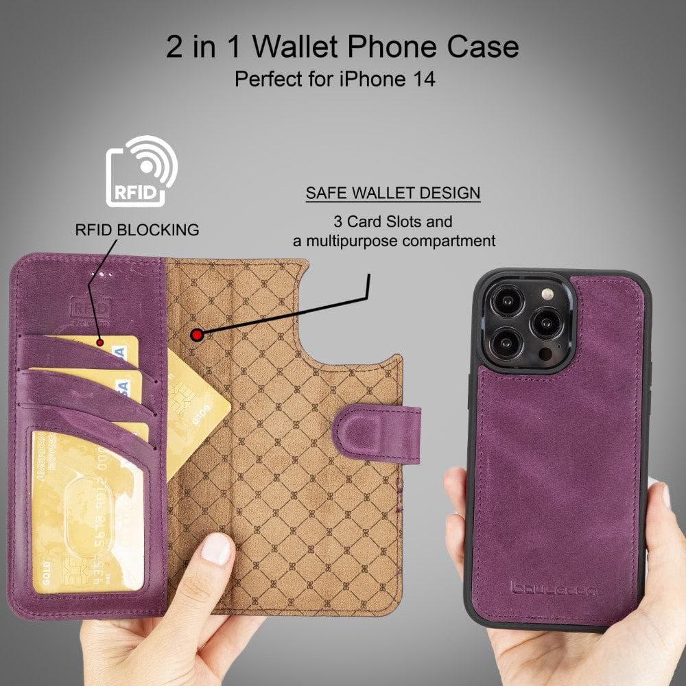 Magic iPhone 14 Series Detachable Darker Color Genuine Leather Wallet Case