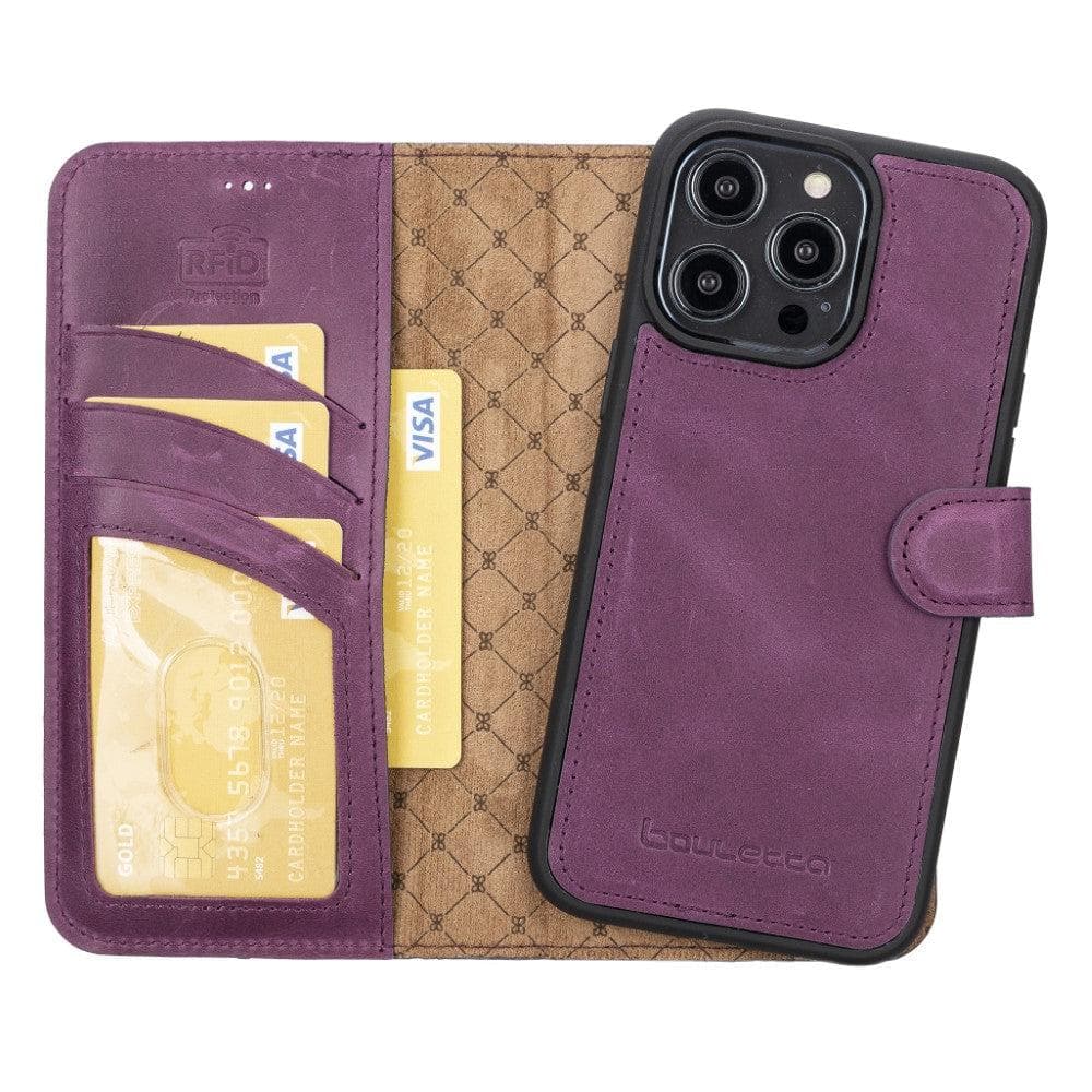 Magic iPhone 14 Series Detachable Darker Color Genuine Leather Wallet Case