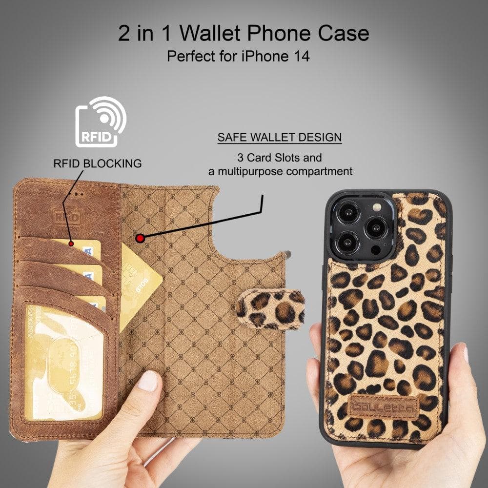 Magic iPhone 14 Series Detachable Darker Color Genuine Leather Wallet Case