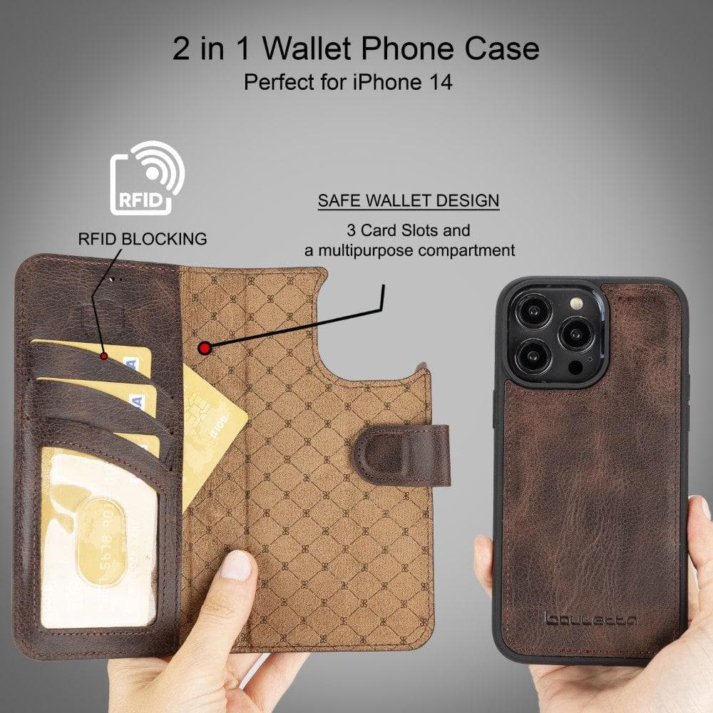 Magic iPhone 14 Series Detachable Darker Color Genuine Leather Wallet Case