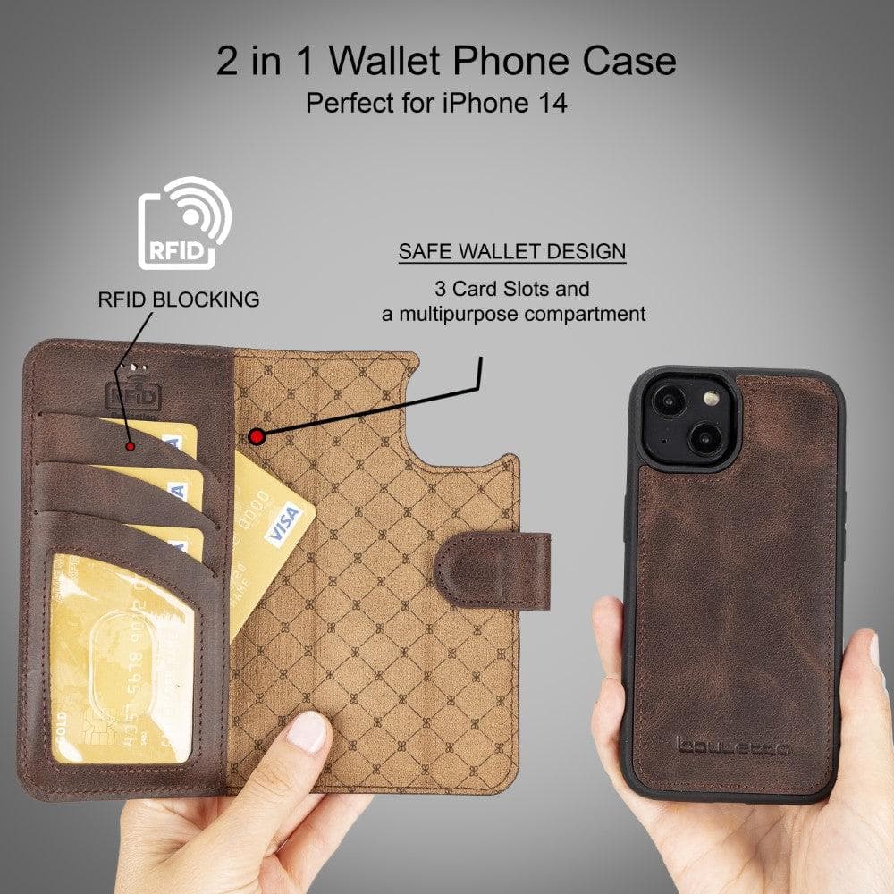 Magic iPhone 14 Series Detachable Darker Color Genuine Leather Wallet Case