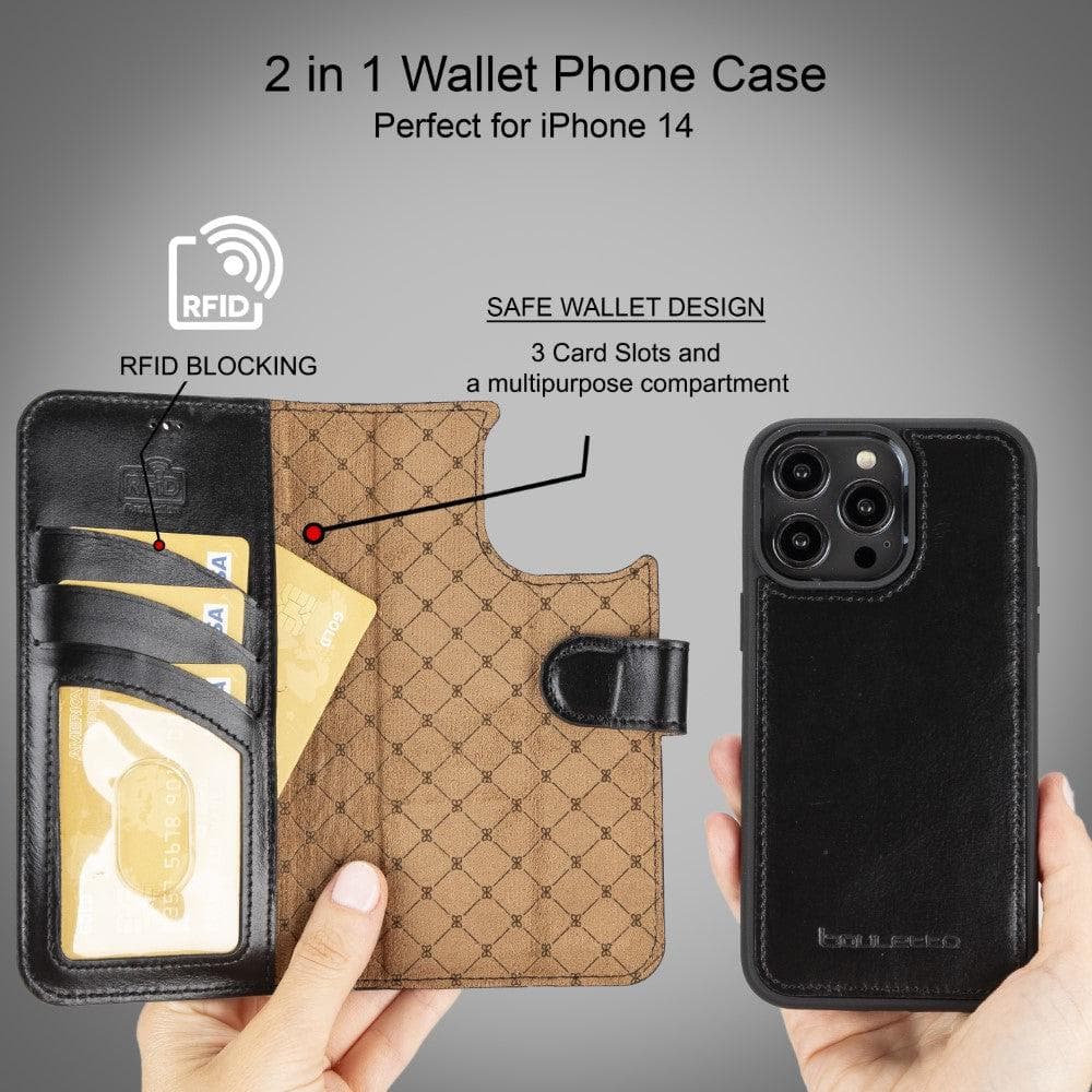 Magic iPhone 14 Series Detachable Darker Color Genuine Leather Wallet Case