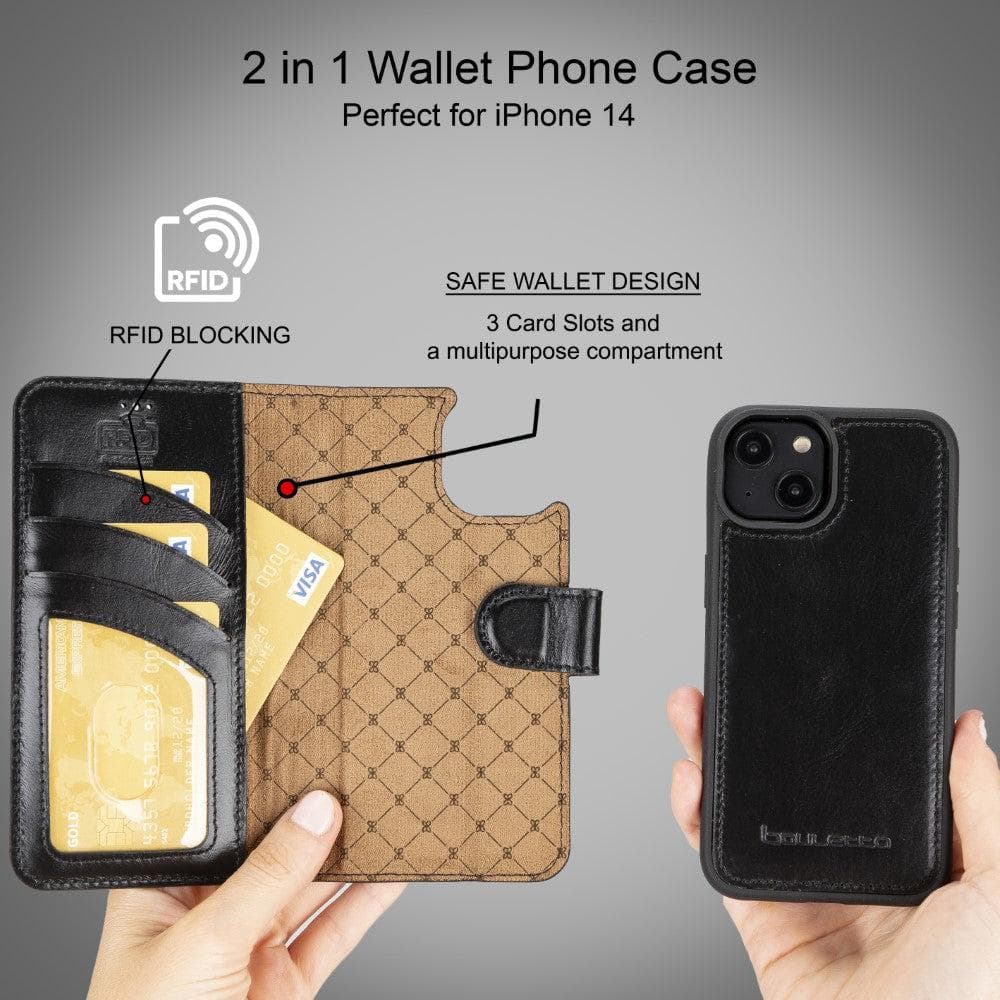 Magic iPhone 14 Series Detachable Darker Color Genuine Leather Wallet Case