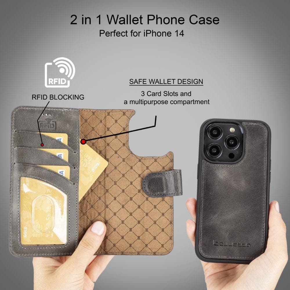 Magic iPhone 14 Series Detachable Darker Color Genuine Leather Wallet Case