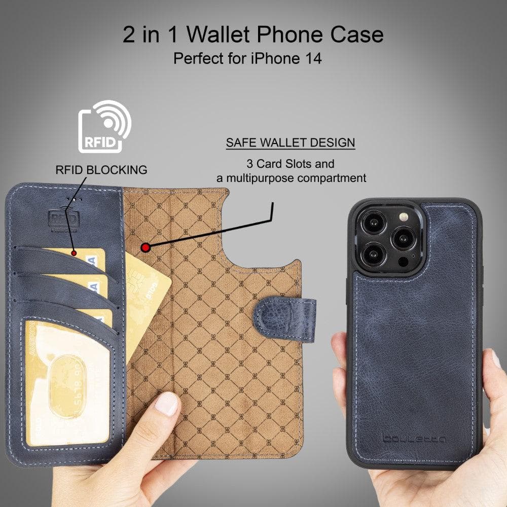 Magic iPhone 14 Series Detachable Darker Color Genuine Leather Wallet Case