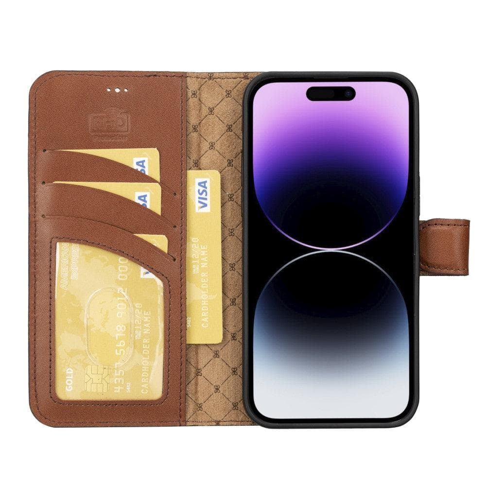 Magic iPhone 14 Series Detachable Darker Color Genuine Leather Wallet Case