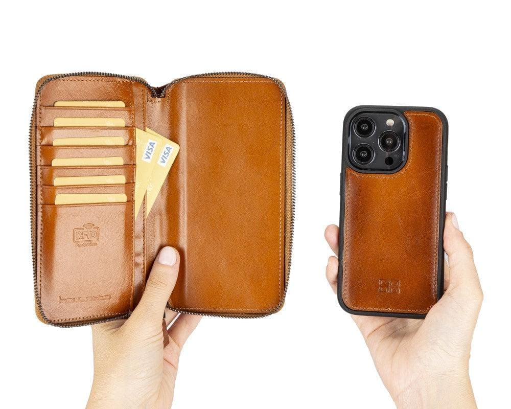 Pouch Magic Wallet iPhone 15 Series Detachable and Zipper Genuine Leather Wallet Case