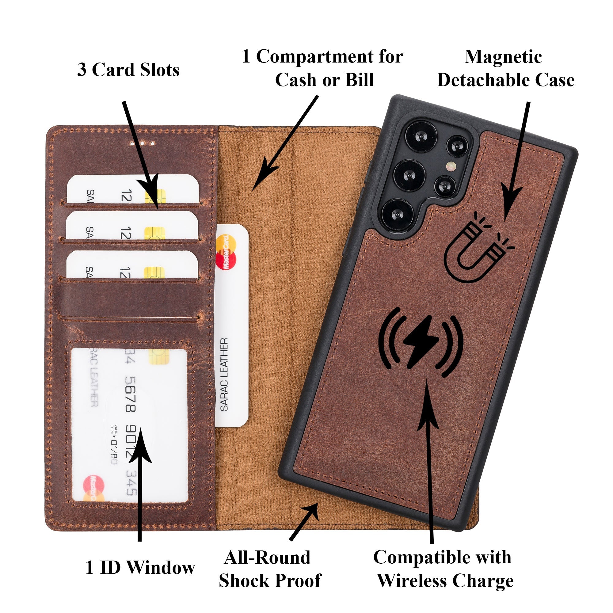 Liluri Magnetic Detachable Leather Wallet Case for Samsung Galaxy S24 Ultra (6.8") - BROWN