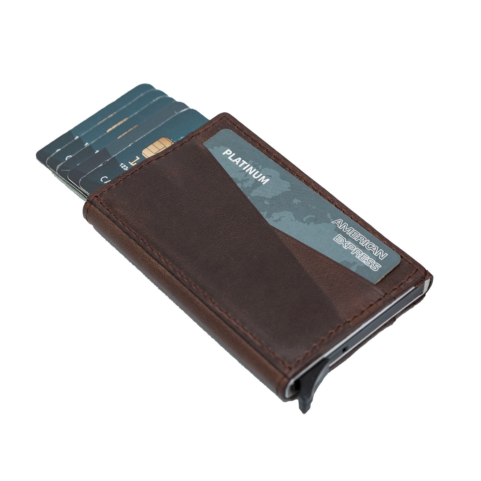 Torres RFID Blocker Mechanism Pop Up Leather Business / Credit Card Holder - BROWN - saracleather