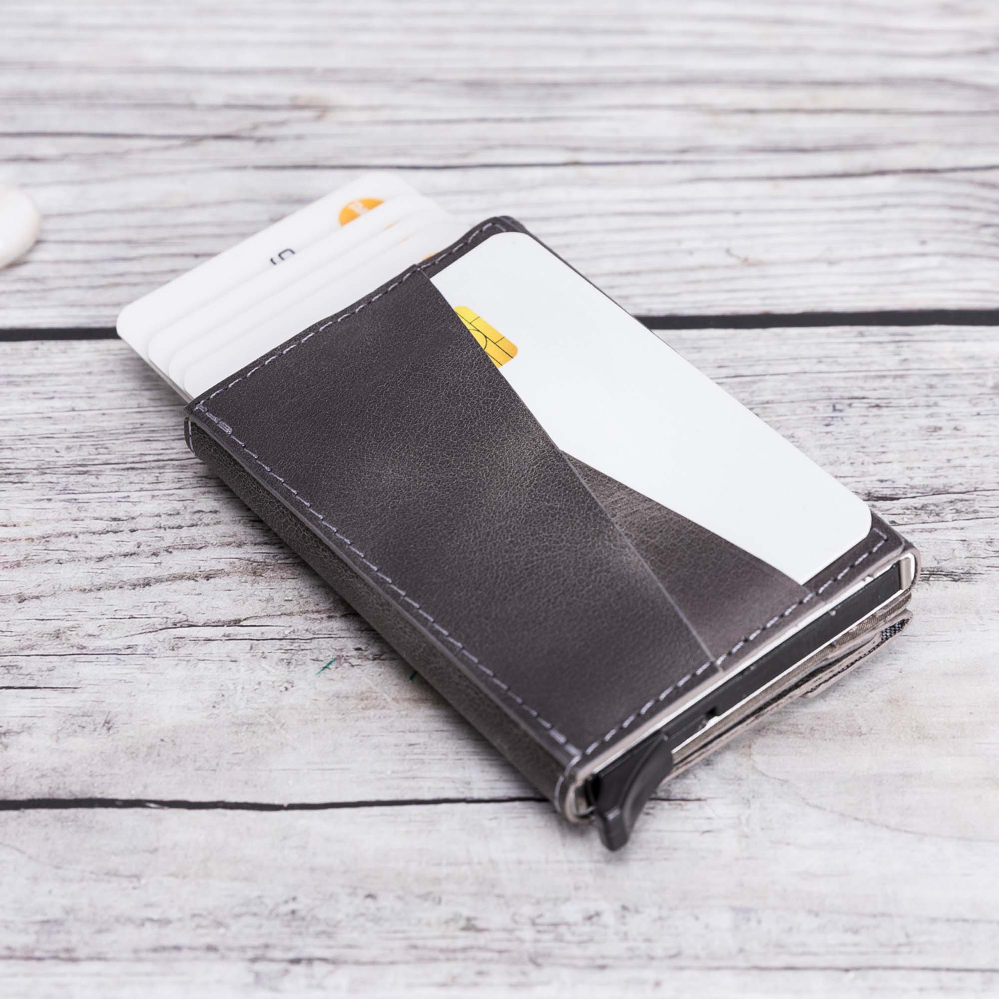 Envelope RFID Blocker Mechanism Pop Up Leather Business / Credit Card Holder - GRAY - saracleather