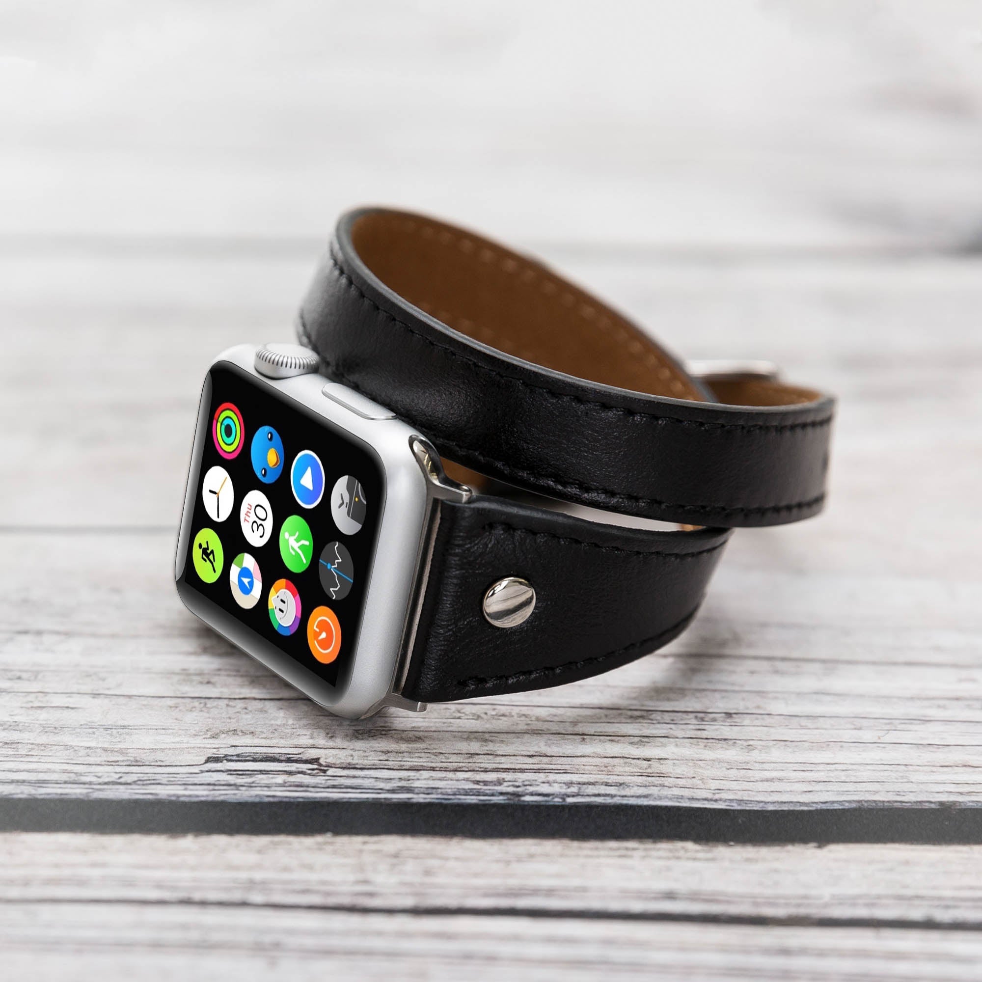 Slim Double Tour Strap: Full Grain Leather Band for Apple Watch 38mm / 40mm - BLACK - saracleather