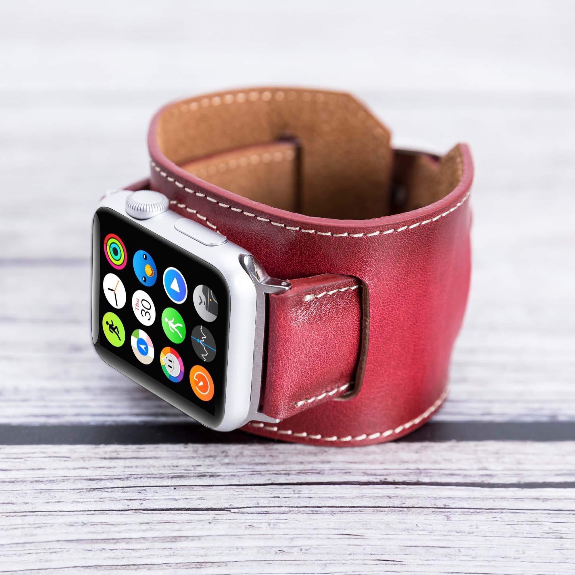 Cuff Strap: Full Grain Leather Band for Apple Watch - EFFECT RED - saracleather