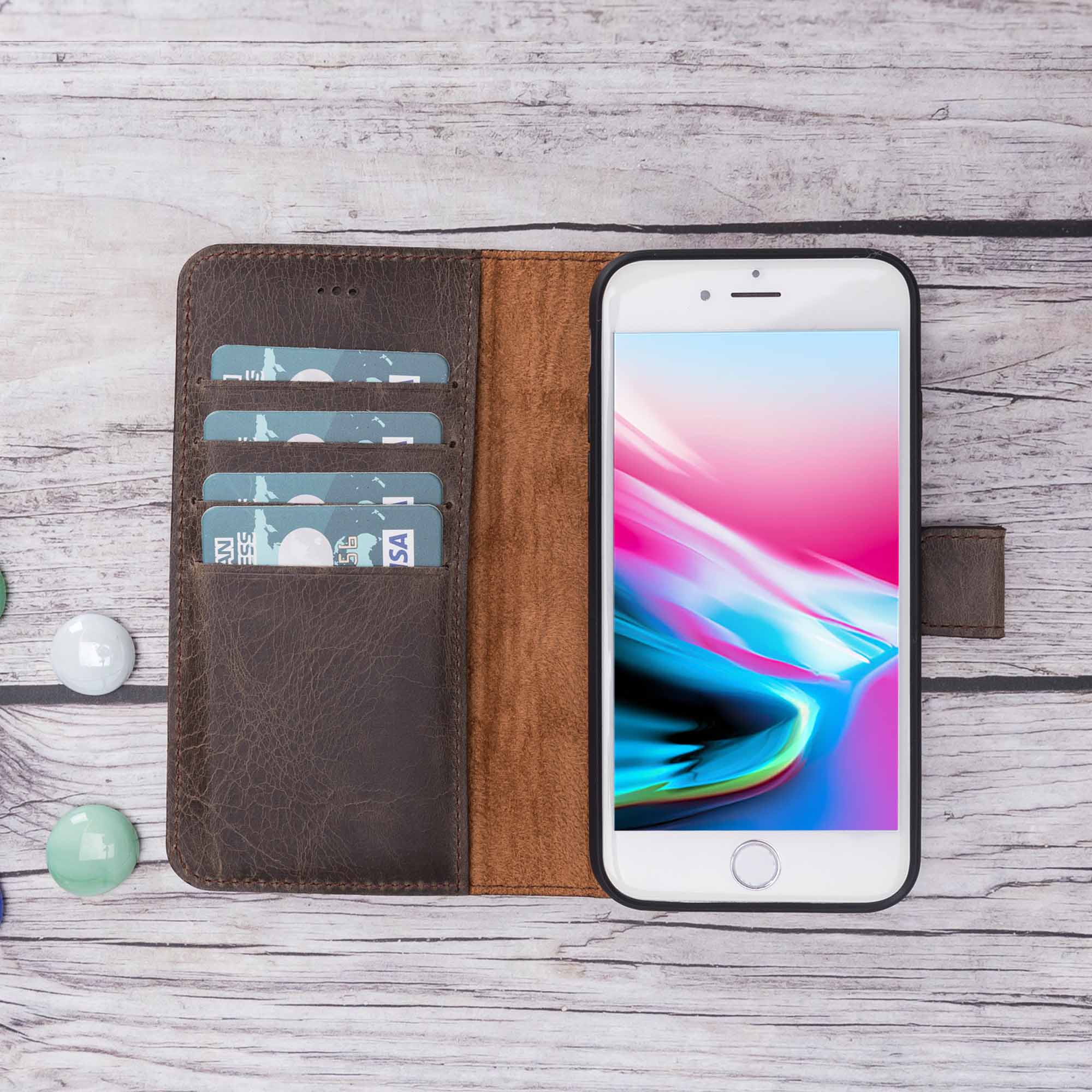 Magic Magnetic Detachable Leather Wallet Case for iPhone 8 Plus / 7 Plus - BROWN - saracleather