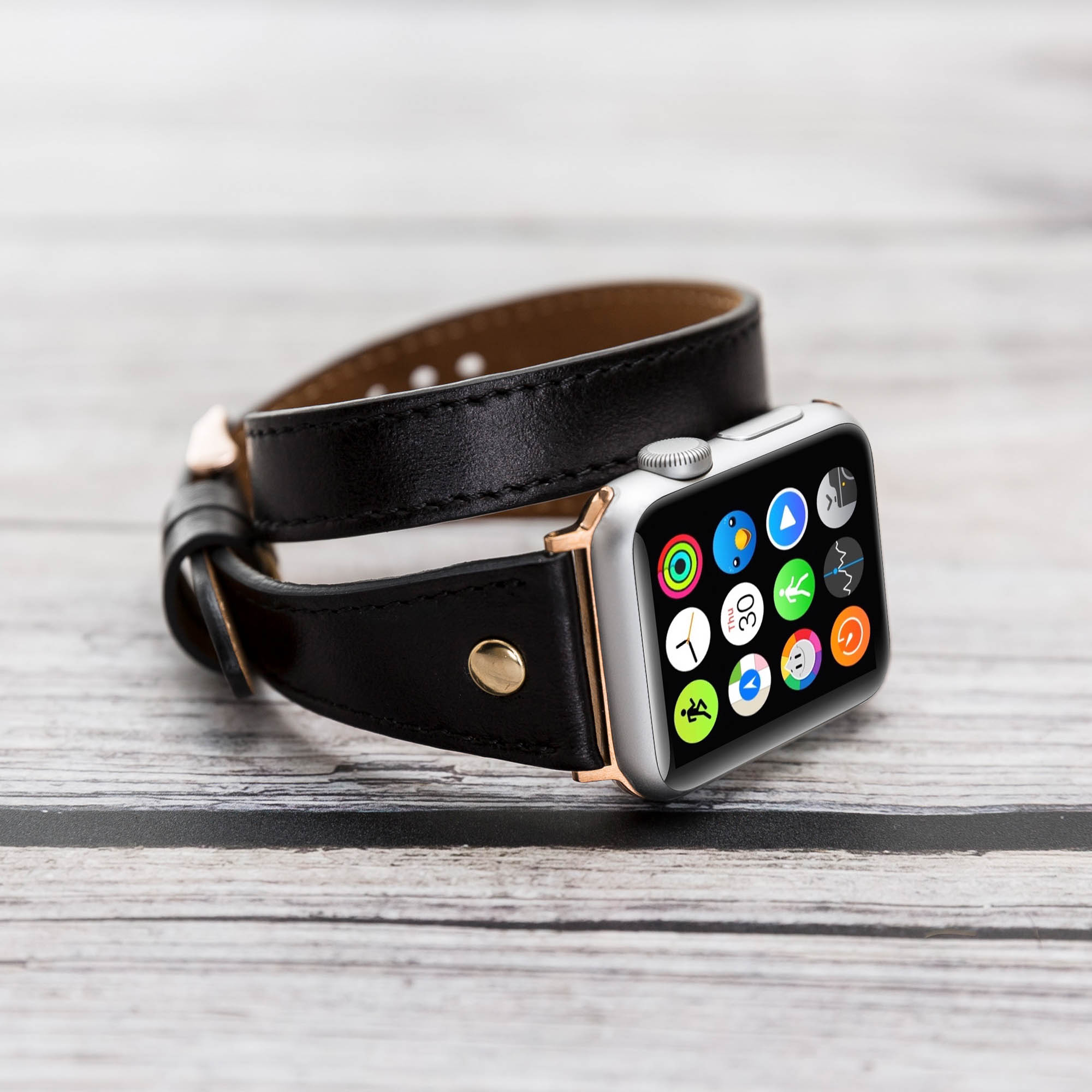 Slim Double Tour Strap: Full Grain Leather Band for Apple Watch 38mm / 40mm - BLACK - saracleather