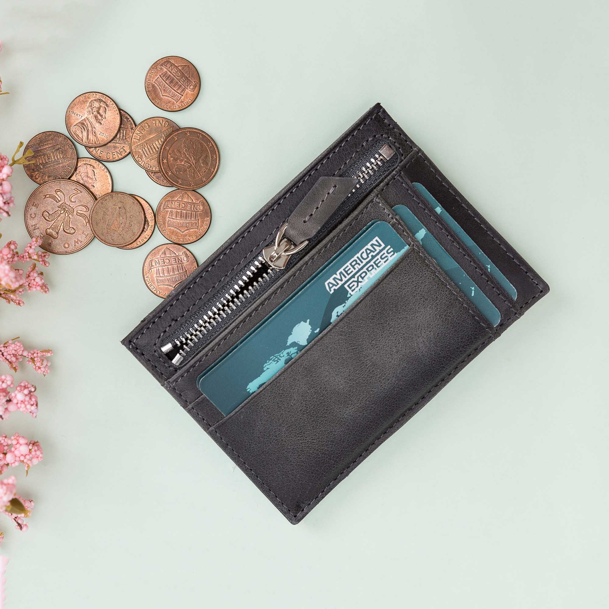 Slim Zipper Leather Wallet - EFFECT GRAY - saracleather