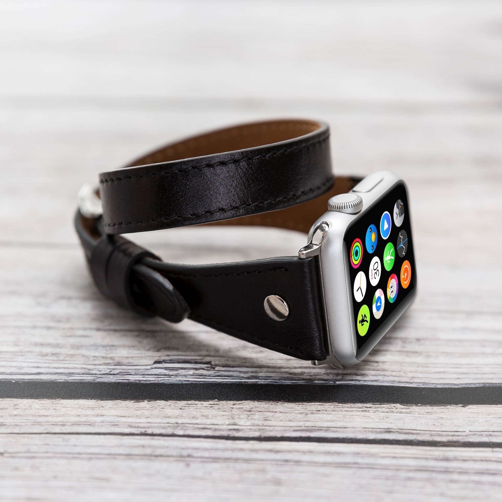 Slim Double Tour Strap: Full Grain Leather Band for Apple Watch 38mm / 40mm - BLACK - saracleather