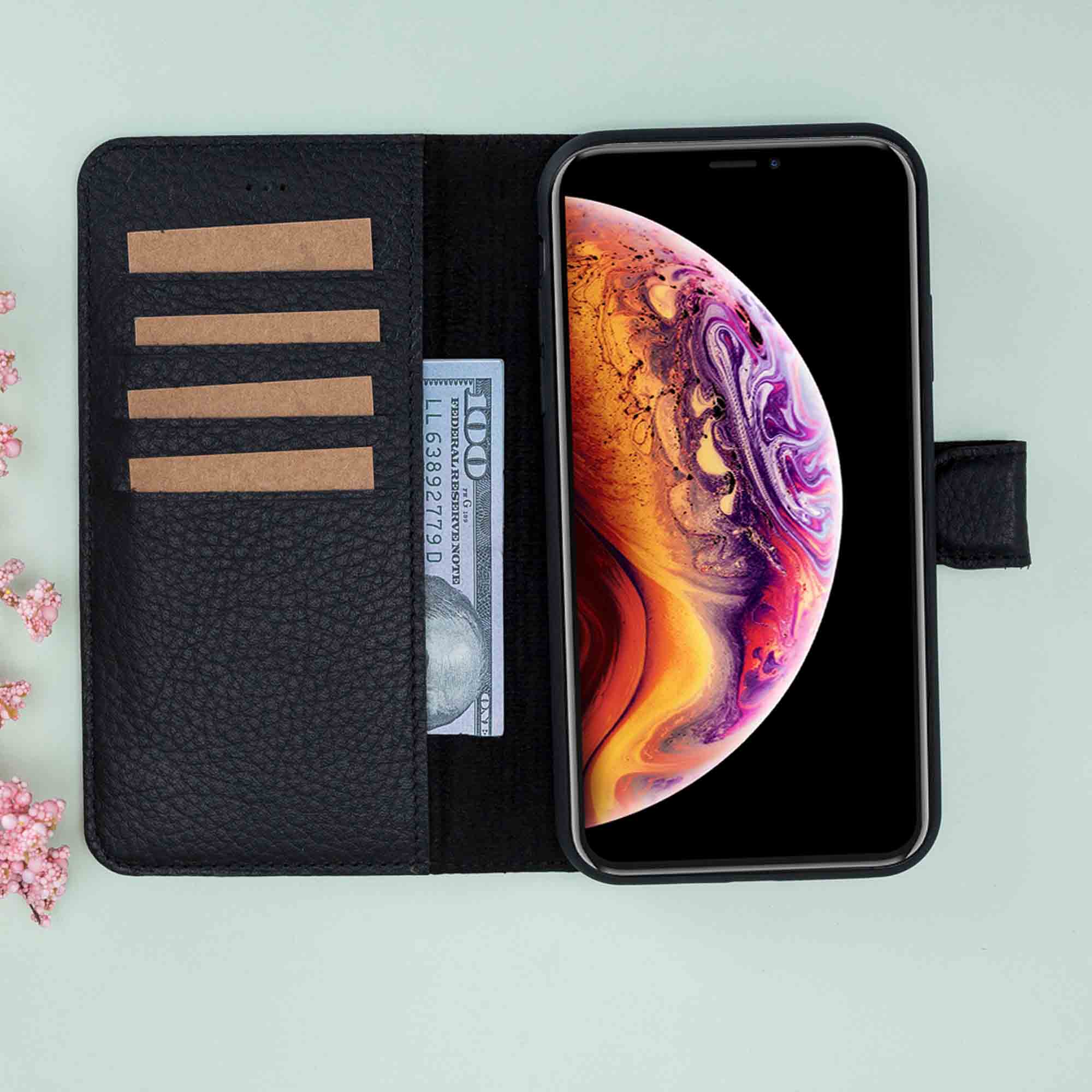 Magic Magnetic Detachable Leather Wallet Case for iPhone XS Max (6.5") - PATTERNED BLACK - saracleather