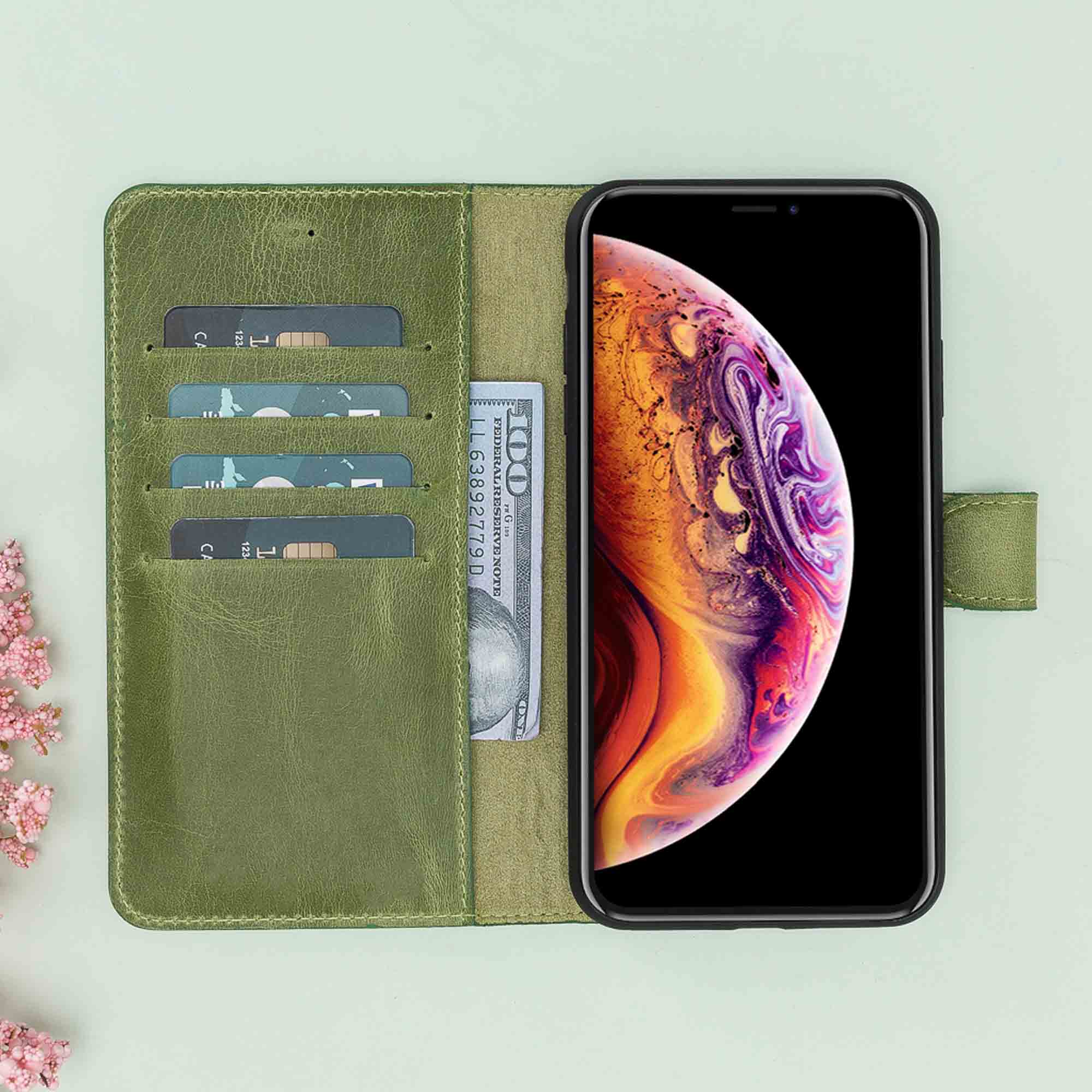 Magic Magnetic Detachable Leather Wallet Case for iPhone XS Max (6.5") - GREEN - saracleather