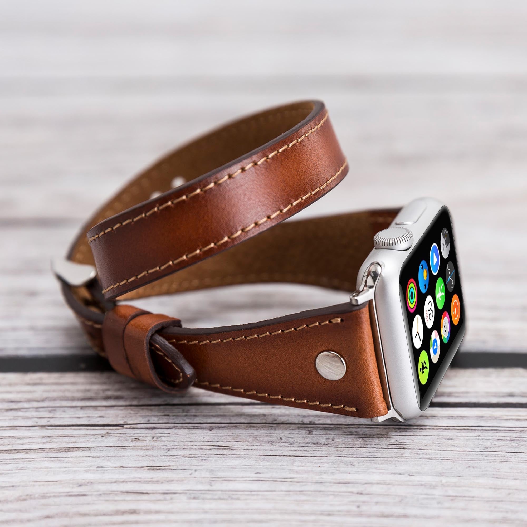 Slim Double Tour Strap: Full Grain Leather Band for Apple Watch 38mm / 40mm - EFFECT BROWN - saracleather