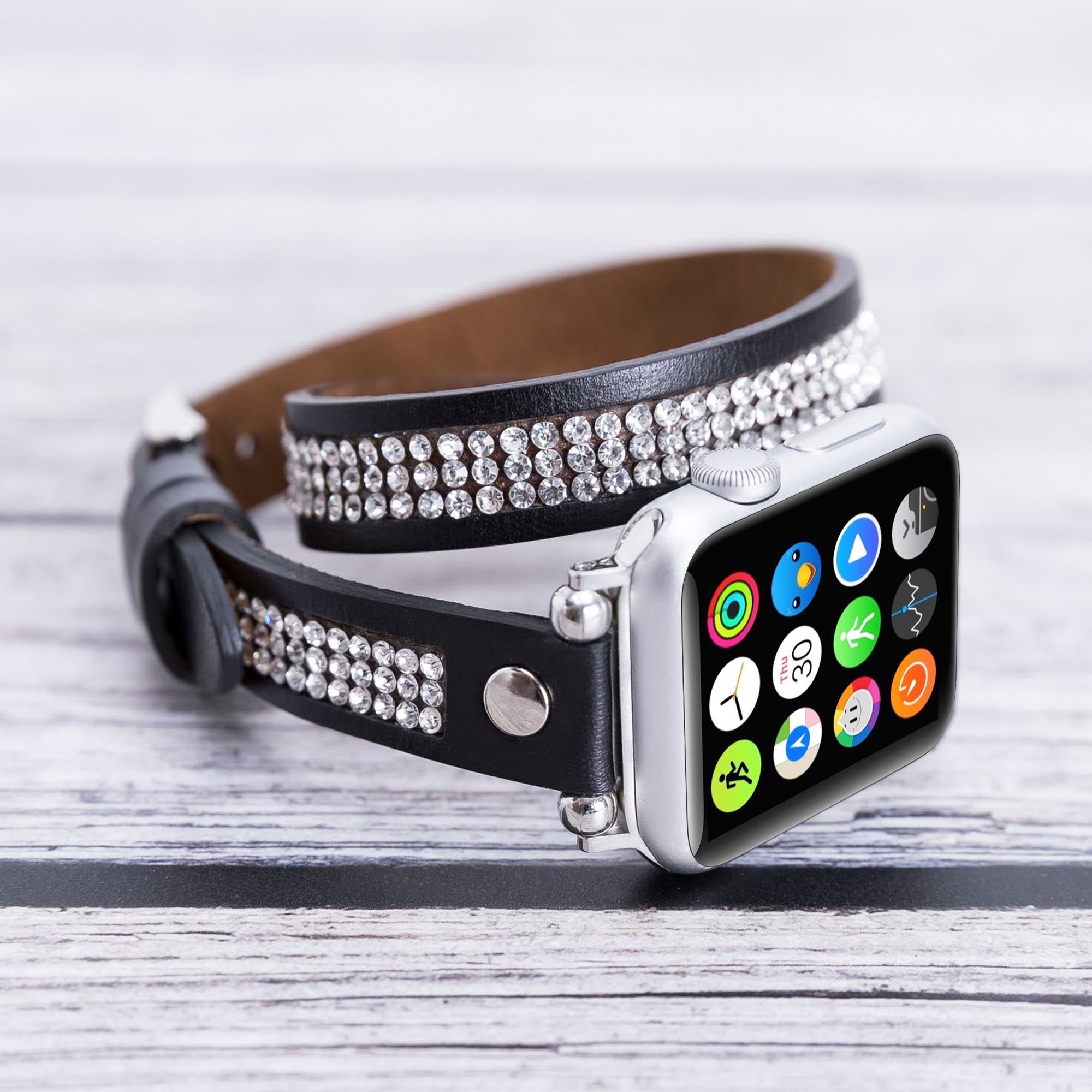 Ferro Double Tour Strap: Full Grain Leather Band for Apple Watch - BLACK - saracleather