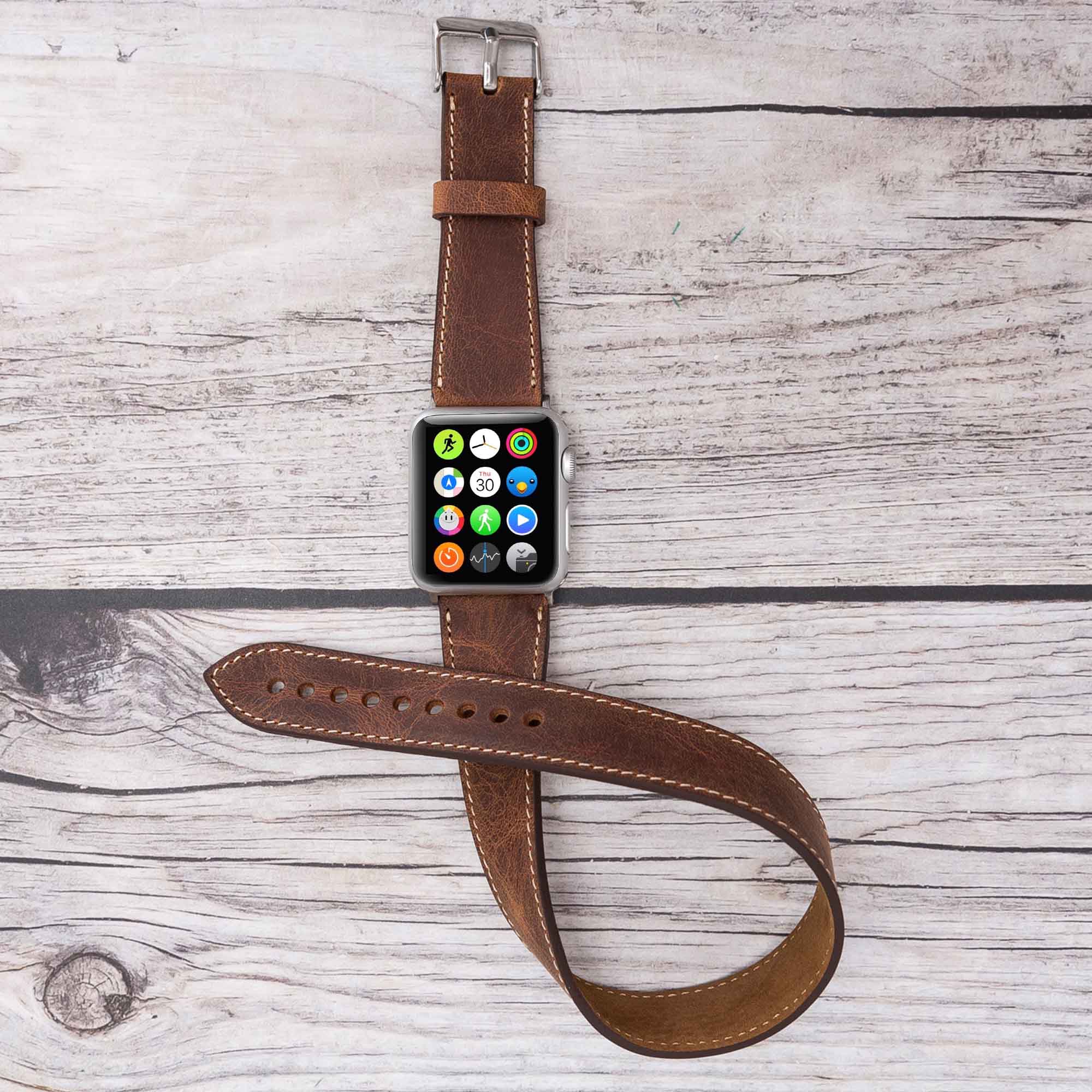 Double Tour Strap: Full Grain Leather Band for Apple Watch - BROWN - saracleather