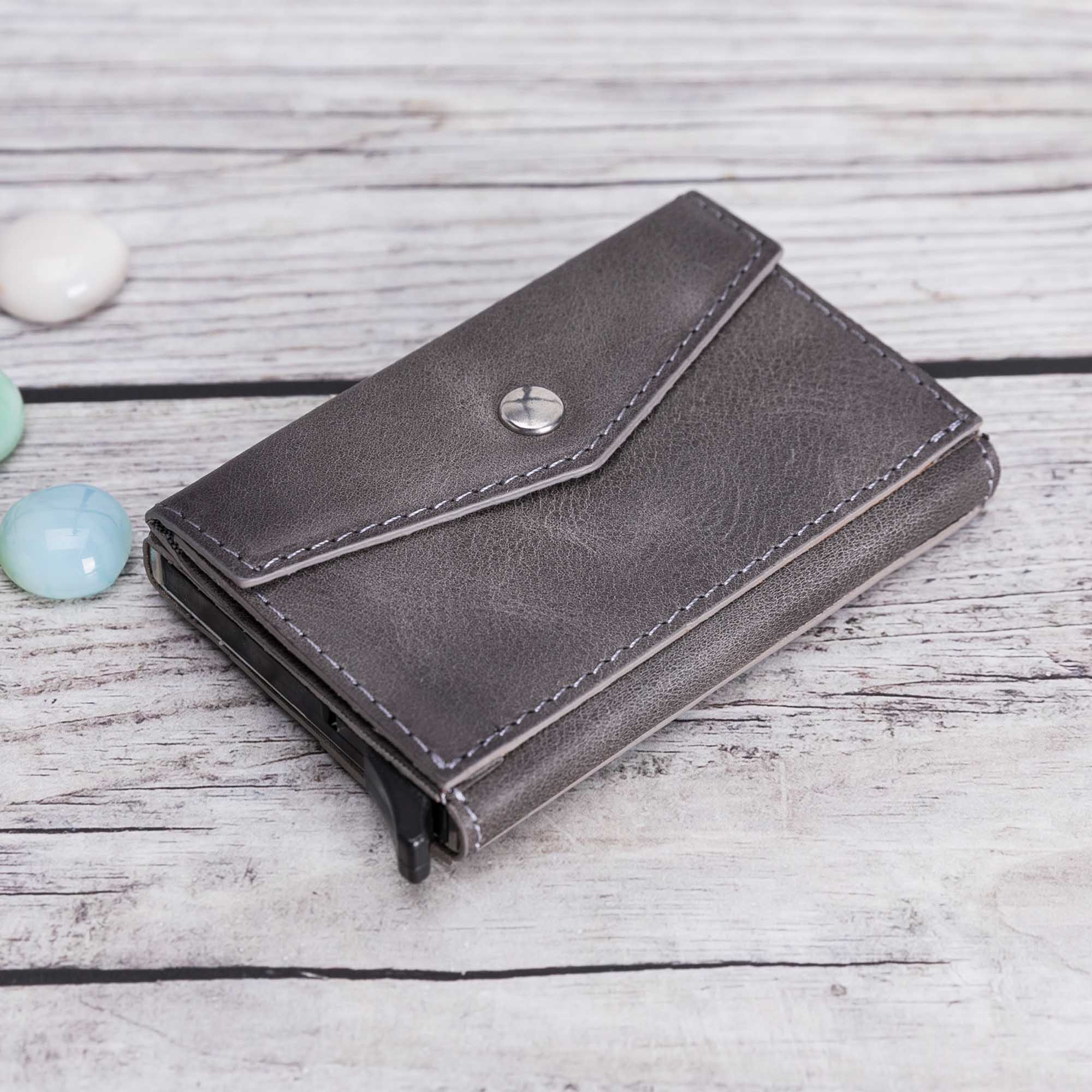 Envelope RFID Blocker Mechanism Pop Up Leather Business / Credit Card Holder - GRAY - saracleather