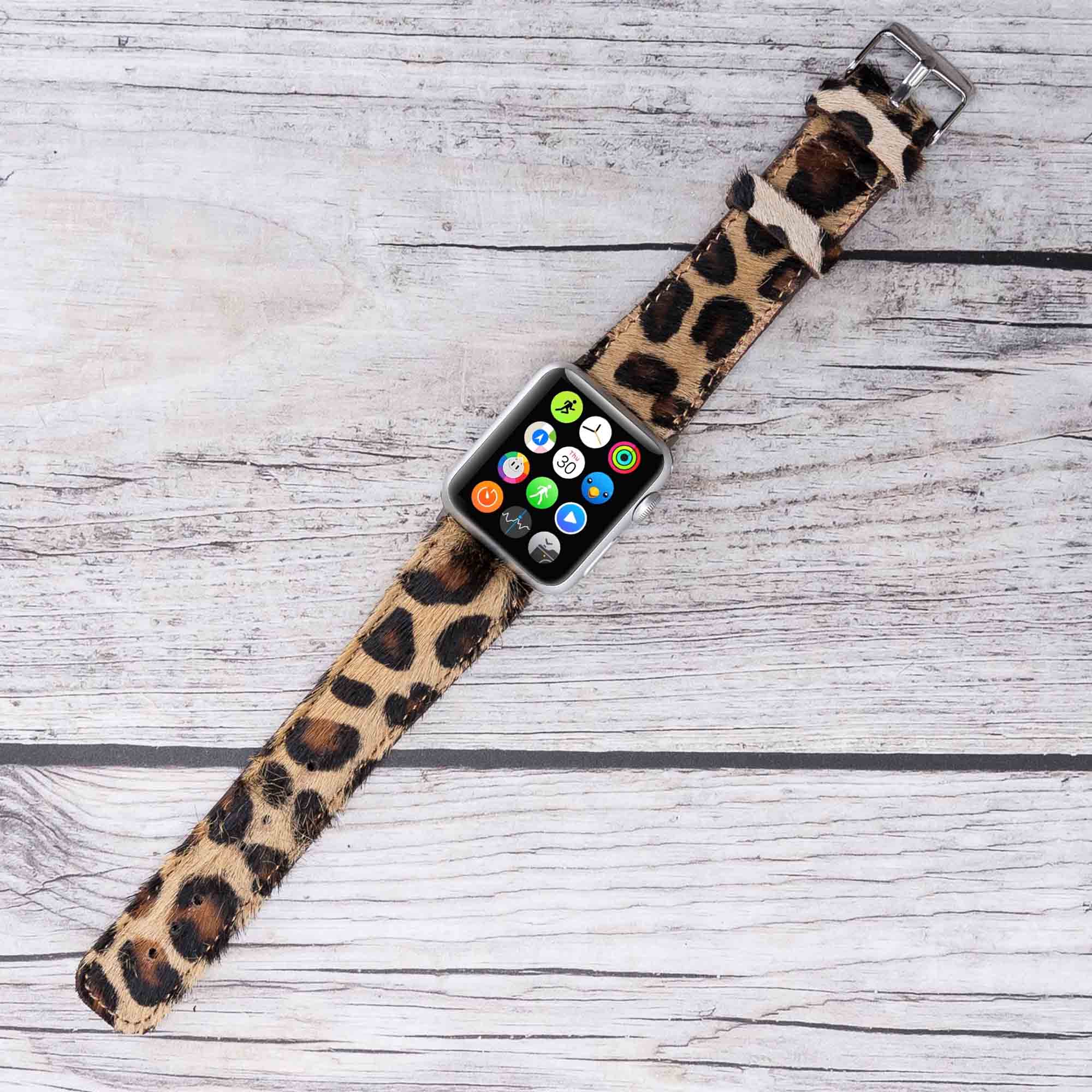 Full Grain Leather Band for Apple Watch - FURRY LEOPARD PATTERNED - saracleather