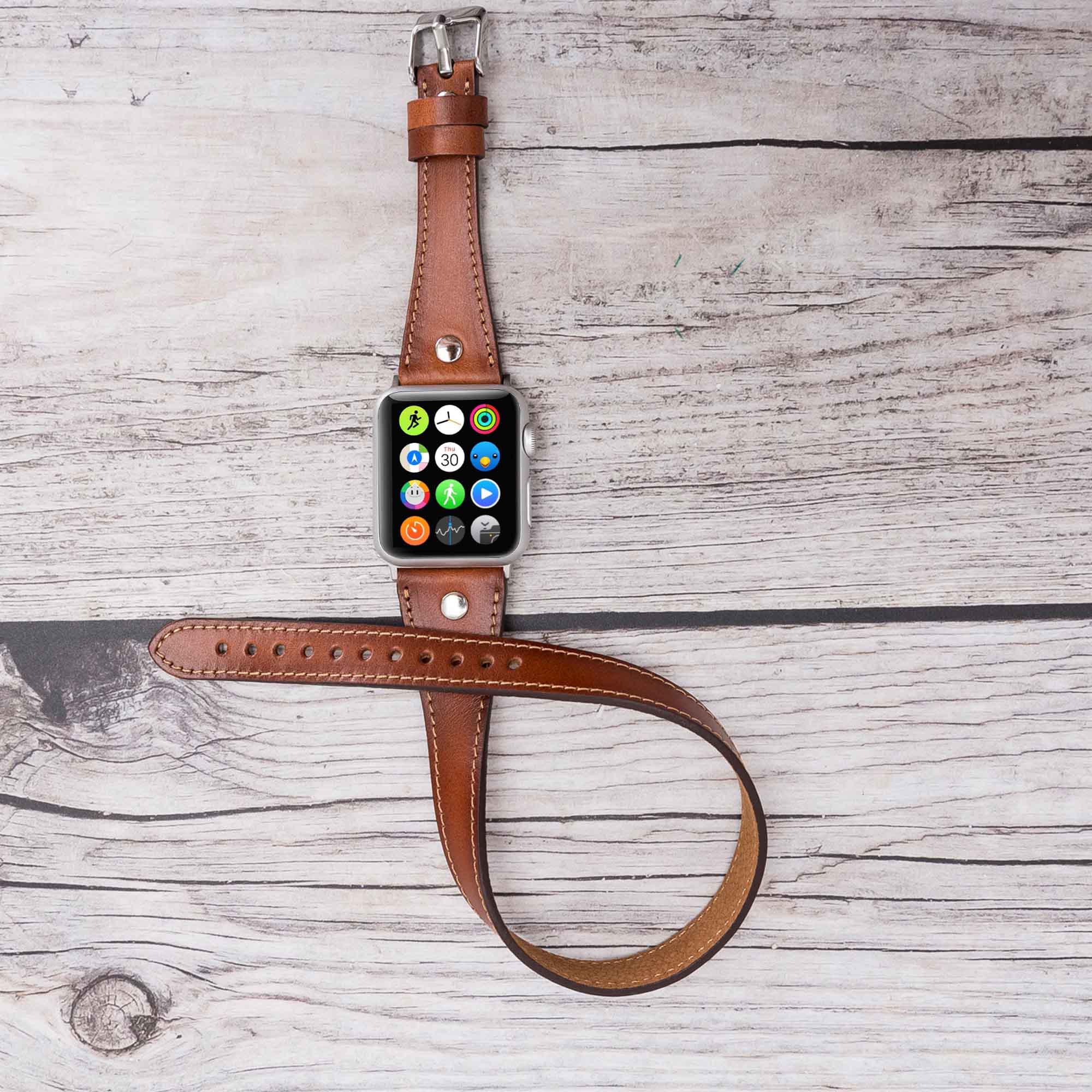 Slim Double Tour Strap: Full Grain Leather Band for Apple Watch 38mm / 40mm - EFFECT BROWN - saracleather