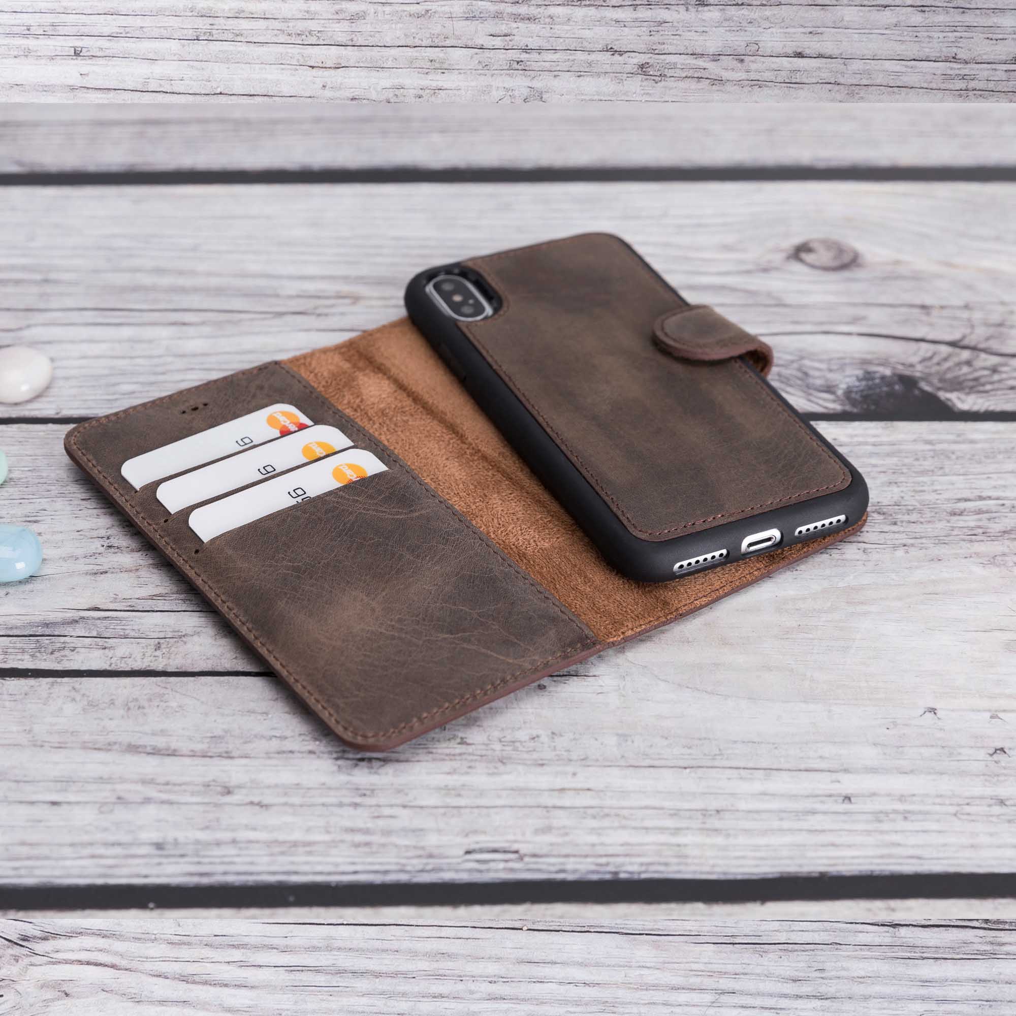 Magic Magnetic Detachable Leather Wallet Case for iPhone X / XS (5.8") - BROWN - saracleather