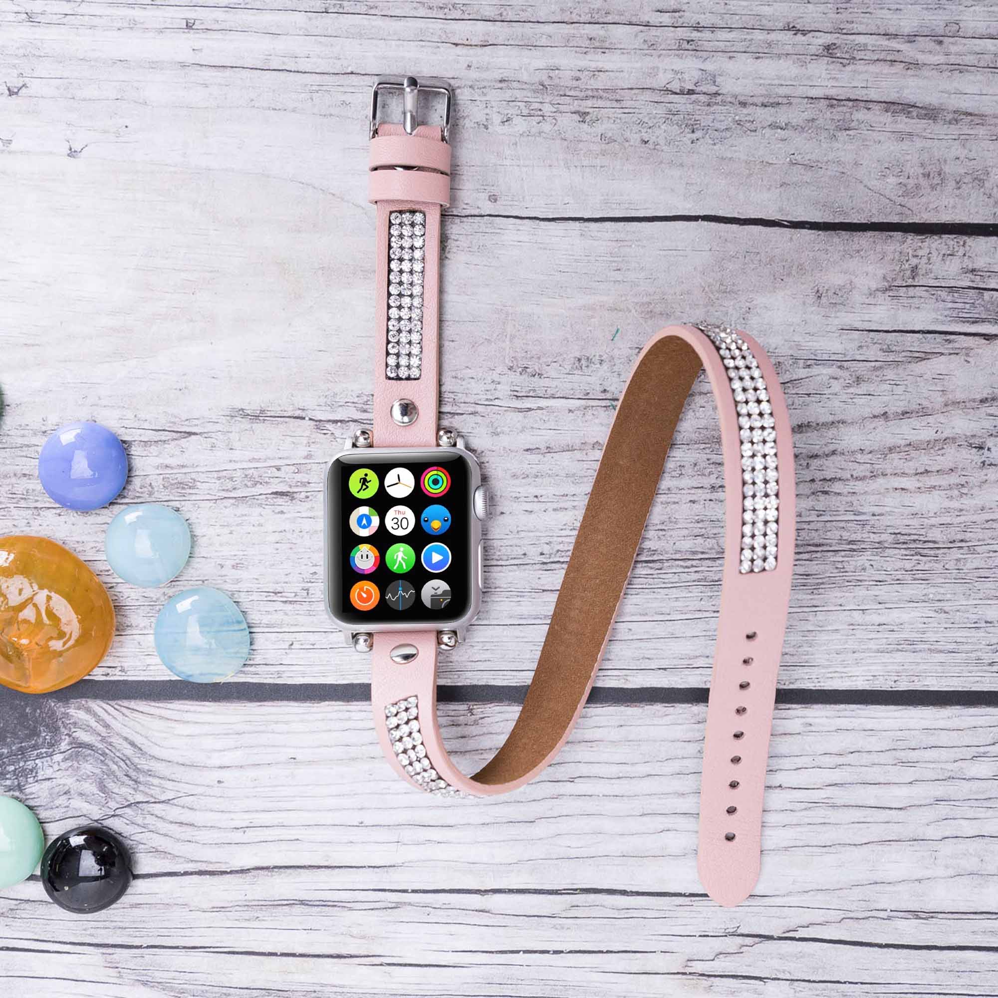 Ferro Double Tour Strap: Full Grain Leather Band for Apple Watch - PINK - saracleather